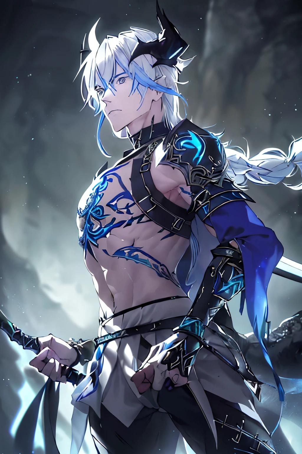 a 1.80 tall anime man (long silver hair) with (green eyes) with (an x-shaped scar on his forehead) and (several tattoos on his body with a blue color but the most striking is the one that resembles a dragon on his back) 

clothes (he wears a torn cloak and breastplate together and shoulder pads made from ancient plates with the symbol of two dragons) (black pants 

your weapon (it's a bow made of black steel with blue runes that attaches to a blue stone in the middle of the bow)