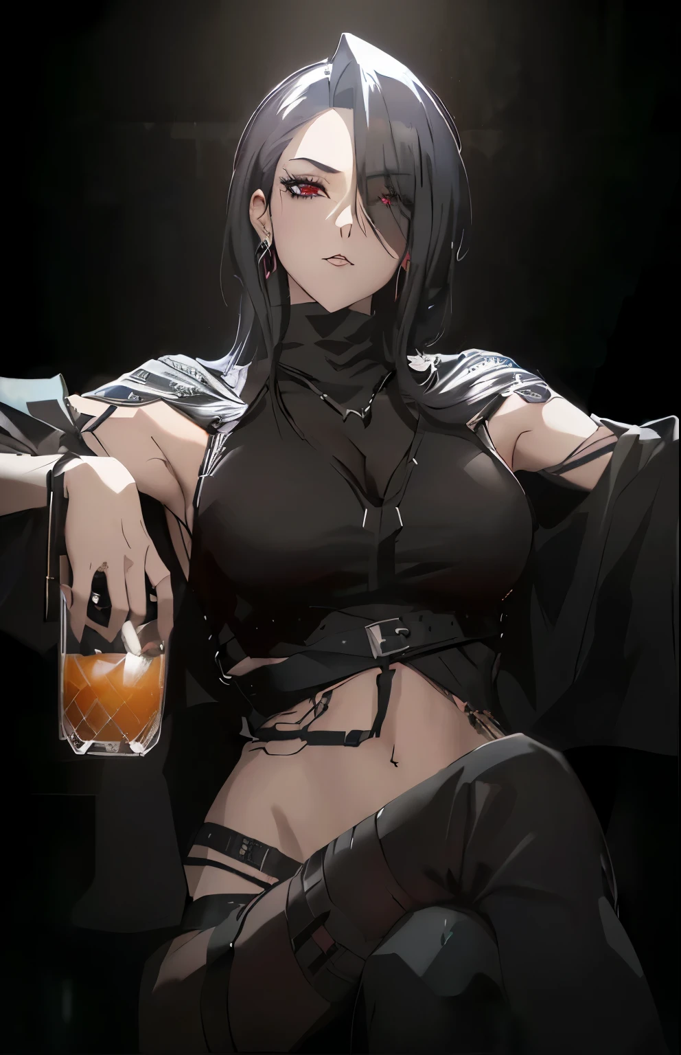 a woman with a black top and a black cape holding a glass of alcohol, female death holding a cocktail, with a drink, badass anime 8 k, female cyberpunk anime girl, artwork in the style of guweiz, oc commission, portrait of tifa lockhart, cyberpunk anime girl, seductive cyberpunk dark fantasy, aeon flux style, highly detailed exquisite fanart