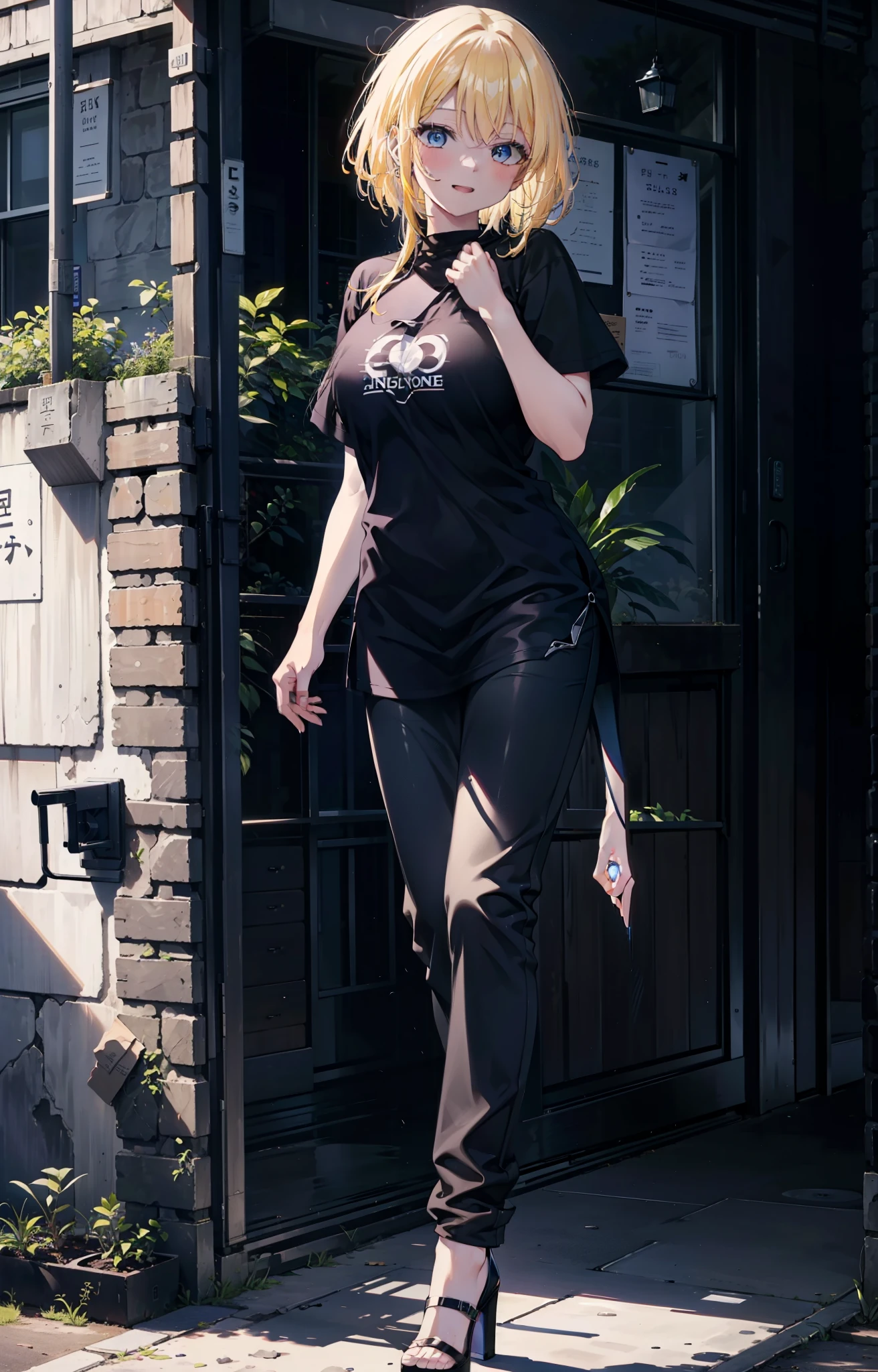 Eliase, catalyst, Yellow Hair, blue eyes,Long Hair,happy smile, smile, Open your mouth, Oversized black y-shirt,Big Breasts,black skinny pants,Stiletto heels,morning,morning陽,The sun is rising,walking,whole bodyがイラストに入るように,
break looking at viewer,whole body,
break outdoors, In town,
break (masterpiece:1.2), highest quality, High resolution, unity 8k wallpaper, (figure:0.8), (Beautiful fine details:1.6), Highly detailed face, Perfect lighting, Highly detailed CG, (Perfect hands, Perfect Anatomy),