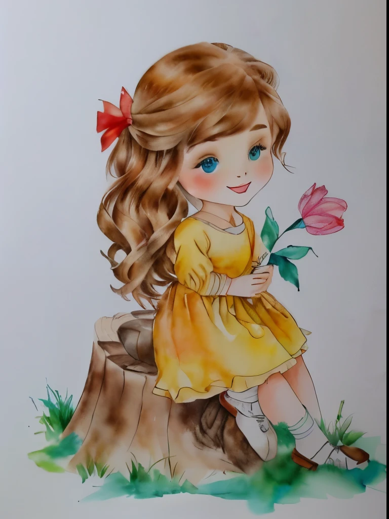 a close-up of a drawing of a girl sitting on a tree stump, desenho colorido, water color and pen, desenho colorido, inspirado em Claire Hummel, pintura colorida em aquarela, water color on paper, full desenho colorido, por Ilka Gedő, Aquarela, water color, water color, a colored pencil drawing, water color painting, Pintura aquarela