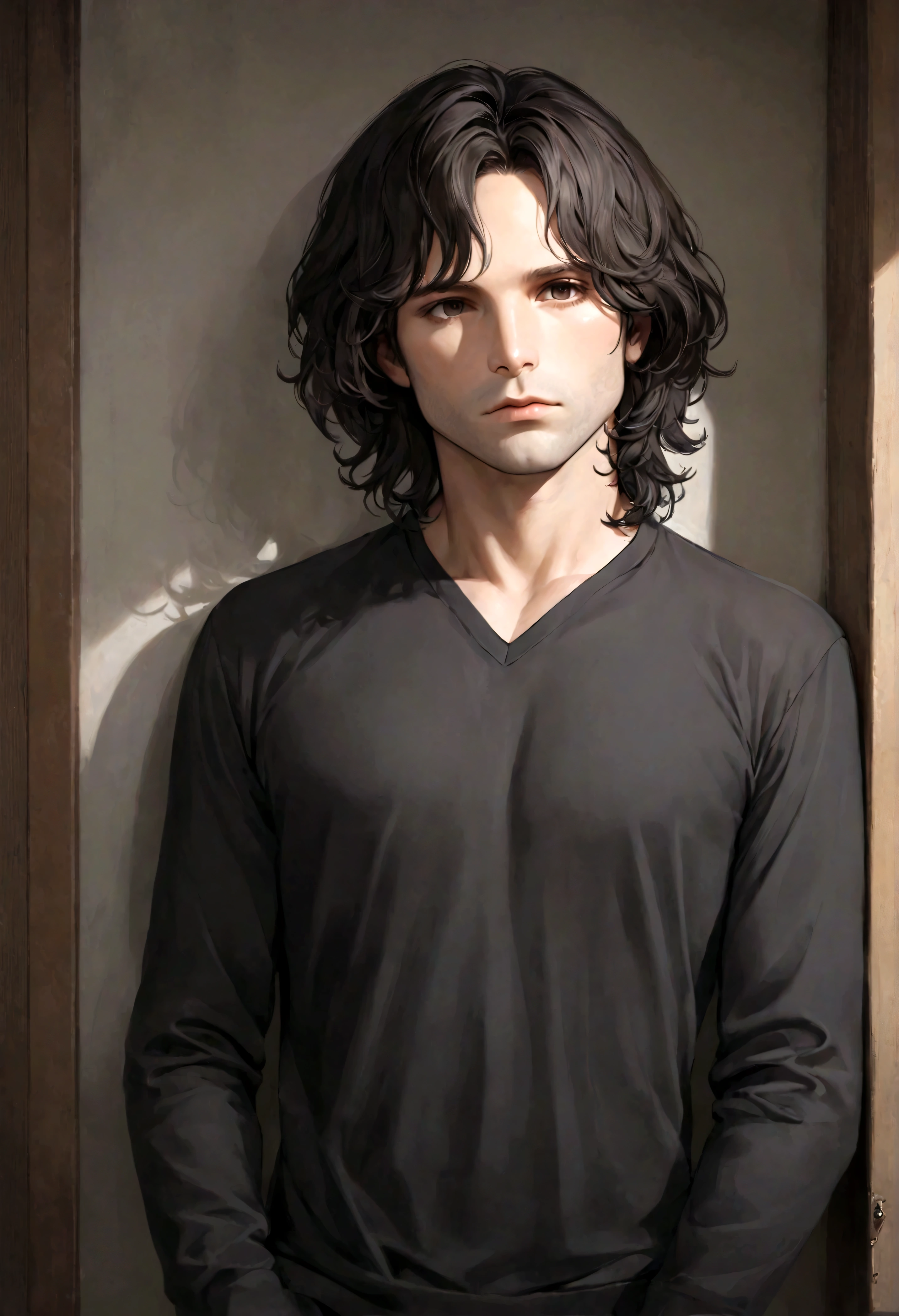 (traje de etiqueta para hombre), ), (con poca barba,) (ojos color cafe claro), Aspecto atractivo y serio, cabello oscuro, Elegante y con estilo, Camiseta de cuerpo fuerte afeitada, Un hombre similar al actor Jim Morrison, (Imagen realista y de alta calidad), Apartamento escandinavo en el fondo simple de un cuarto, ((La mejor calidad, 8K, obra maestra).((pose dinamica))
