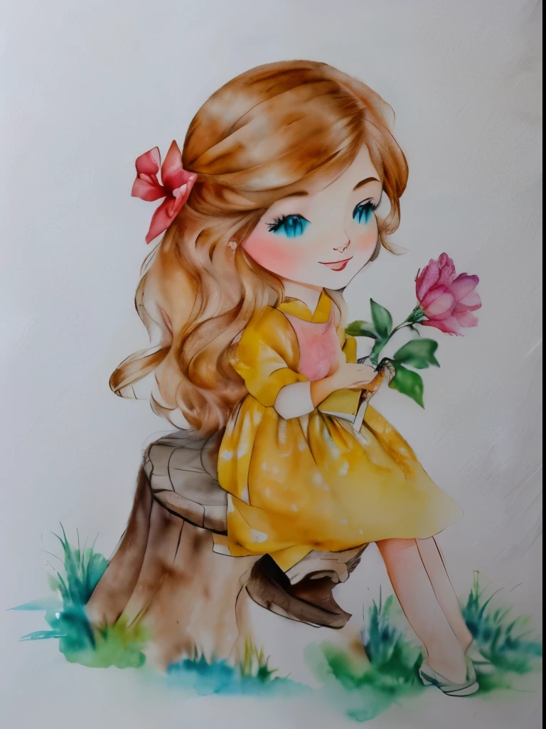 a close-up of a drawing of a girl sitting on a tree stump, desenho colorido, water color and pen, desenho colorido, inspirado em Claire Hummel, pintura colorida em aquarela, water color on paper, full desenho colorido, por Ilka Gedő, Aquarela, water color, water color, a colored pencil drawing, water color painting, Pintura aquarela