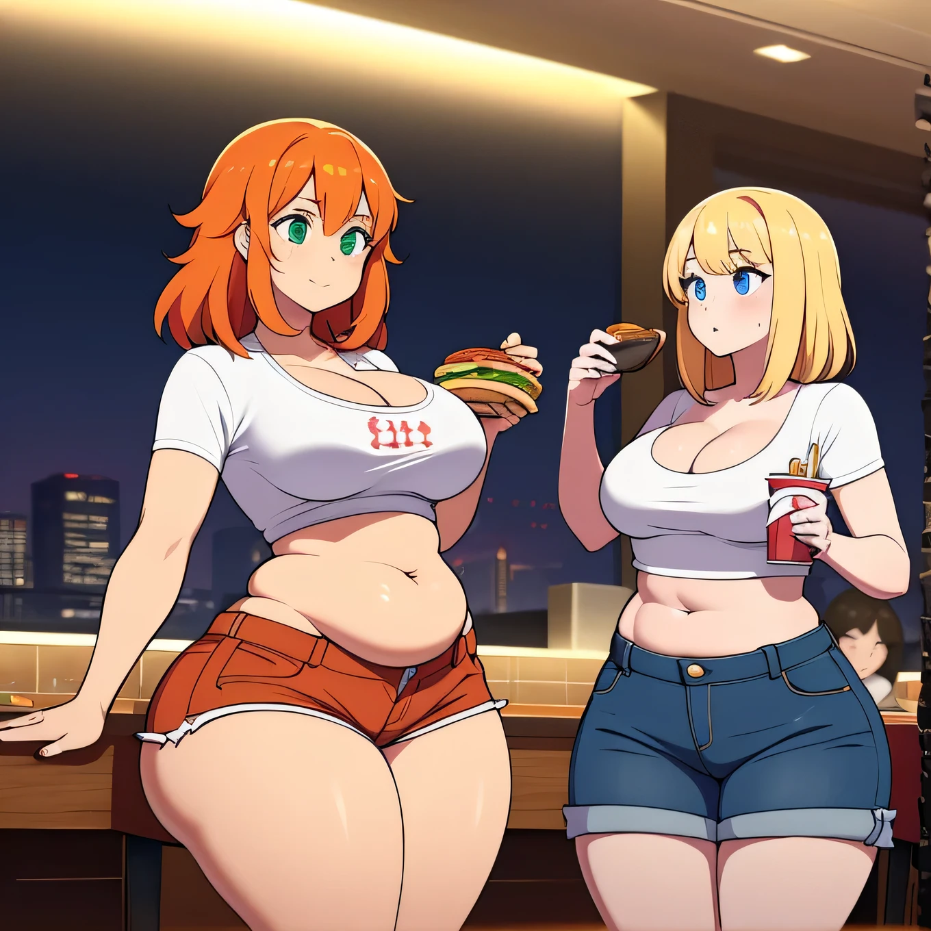 ((highres)), Masterpiece, high quality, best quality, beautiful, perfect lighting, detailed face, ultra cute face, ((2girls)), one girl has blonde hair, blue eyes, crop top and shorts, skindentation, one girl has orange hair, green eyes, jeans, white shirt, fast food restaurant, medium breasts, cleavage, perky breasts, ((wide hips)), (thick thighs), (chubby), standing next to each other,