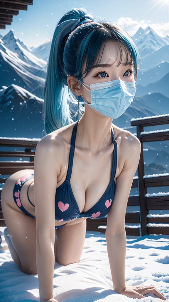 AIBeauty、Real Beauty、Heart print bikini prompt、Snow Mountain、Mountain、Face masks、、ponytail、Light blue hair、On all fours