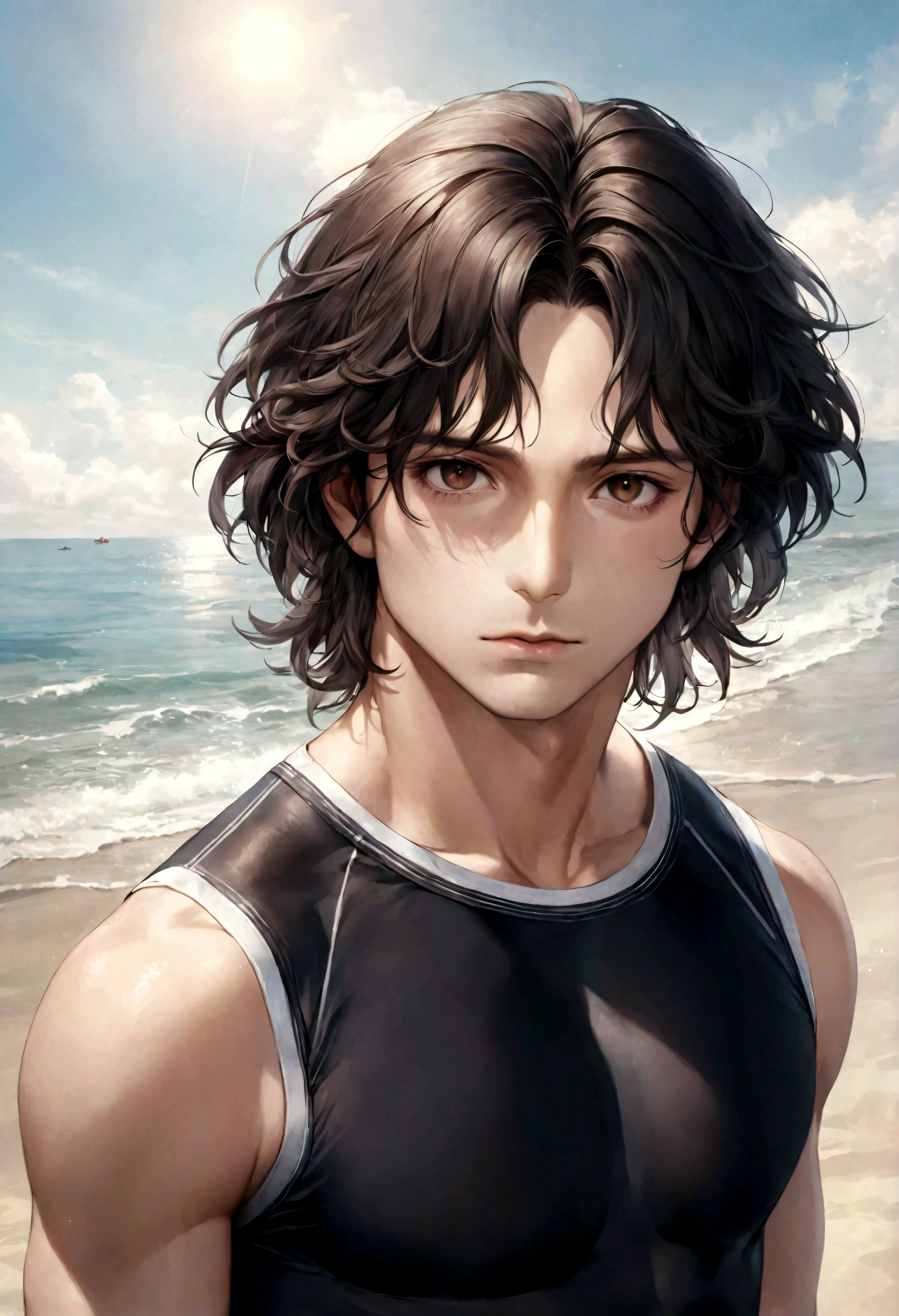 (swimwear for men), ), (con barba ,) (ojos color cafe claro), Aspecto atractivo y serio, cabello negro oscuro, swimming clothes, Un hombre similar al actor Jim Morrison, (Imagen realista y de alta calidad), fondo en la playa, se ve el mar, ((La mejor calidad, 8K, obra maestra).((dynamic pose))