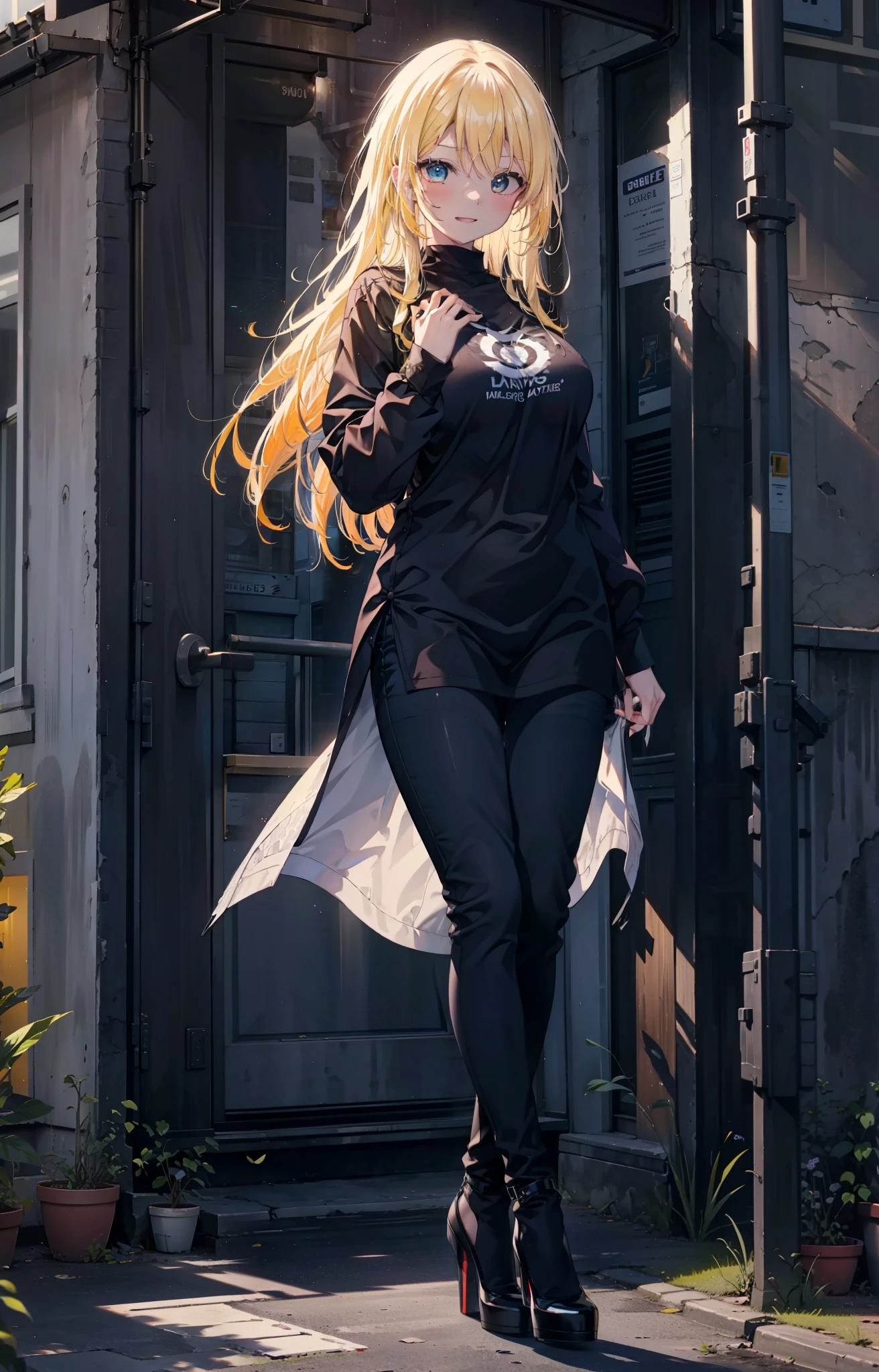 Eliase, catalyst, Yellow Hair, blue eyes,Long Hair,happy smile, smile, Open your mouth, Oversized black y-shirt,Big Breasts,black skinny pants,Stiletto heels,morning,morning陽,The sun is rising,walking,whole bodyがイラストに入るように,
break looking at viewer,whole body,
break outdoors, In town,
break (masterpiece:1.2), highest quality, High resolution, unity 8k wallpaper, (figure:0.8), (Beautiful fine details:1.6), Highly detailed face, Perfect lighting, Highly detailed CG, (Perfect hands, Perfect Anatomy),