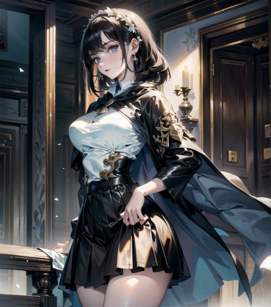 absurdres, RAW photo, extremely delicate, extremely beautiful, masterpiece, Best Quality, ultra high resolution, 32k, hyperrealistic, ultra-detailed description, perfect anatomy, correct body, ideal ratio of body proportions, pale skin, 20 years old, detailed beautiful face, detailed beautiful face eyes, tearful mole, earring, long short hair, black hair, big tits, full body shot, Cloak, ((shirt)), ((skirt)), ((Village)),