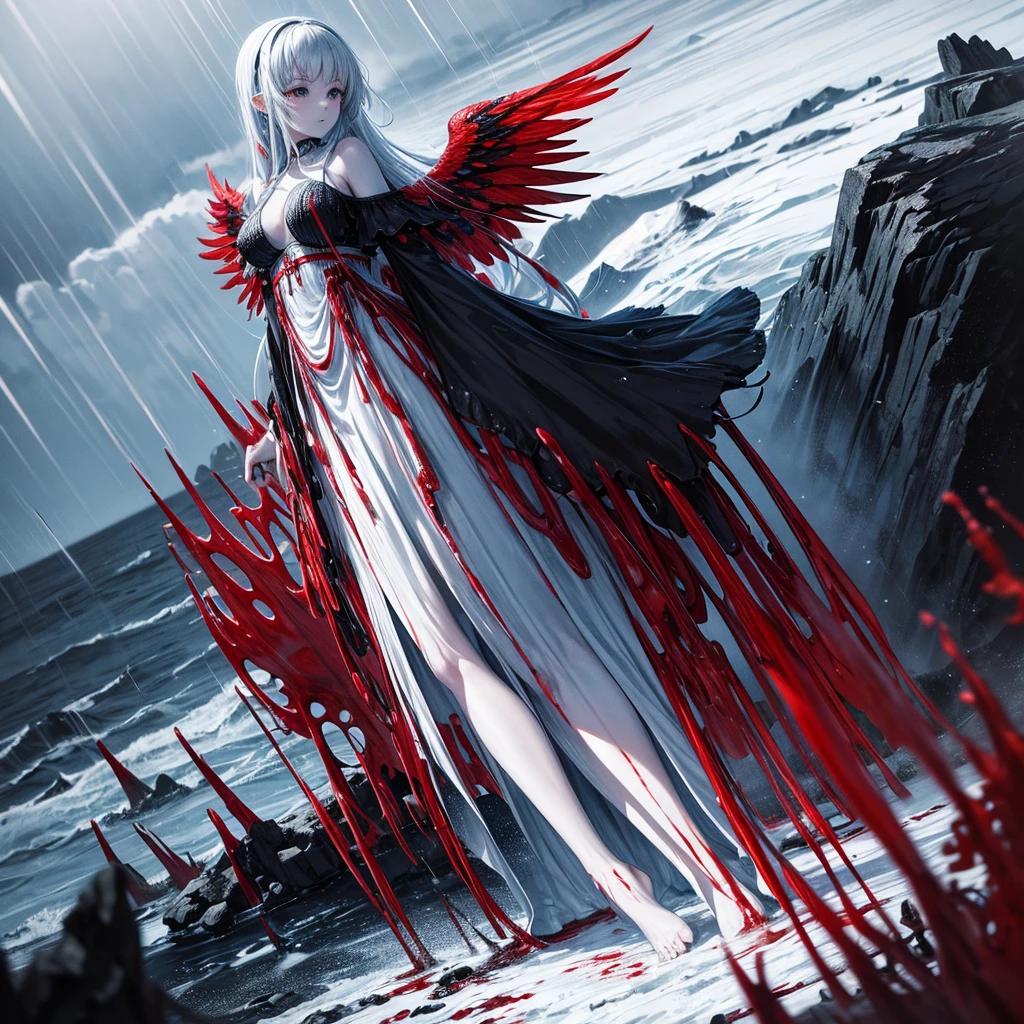 Black and white and blue and red,(highest quality, Super detailed, High resolution, Highly detailed CG),Wide Shot,Dead angels standing on the edge of a cliff,She is very beautiful,She loves blood and the sea,Rain of blood, Mysterious,Enthusiastic, complicated, Surreal,delicate