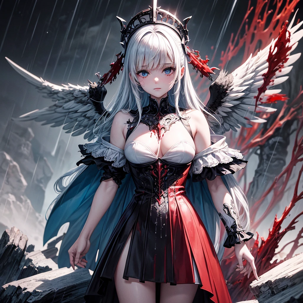 Black and white and blue and red,(highest quality, Super detailed, High resolution, Highly detailed CG),Wide Shot,Dead angels standing on the edge of a cliff,She is very beautiful,She loves blood and the sea,Rain of blood, Mysterious,Enthusiastic, complicated, Surreal,delicate