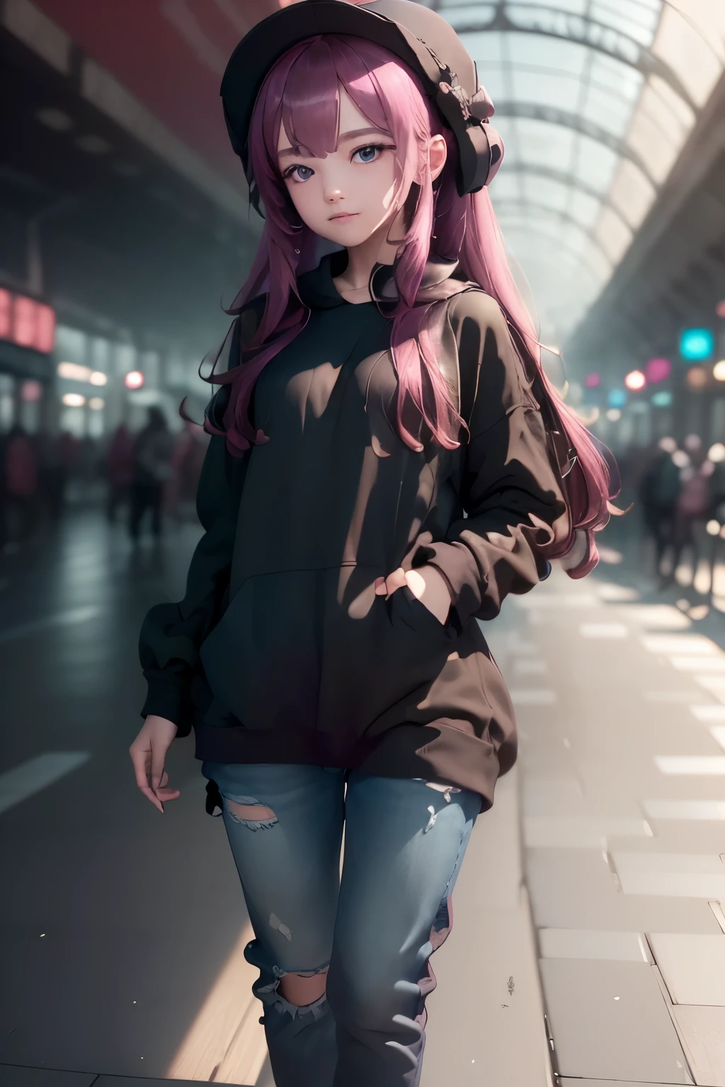 (masterpiece), (best quality), (Highres), Detailed, (Inricate Details 1.2), (Hyper Detailed 1.4), (Ornate Digital Art 1.2), absurdres, 1girl, small breasts, ass, hair ornaments, solo, pink hair, (black shirt:1.3), jeans, (train station:1.2) running, thighs, shortstack,