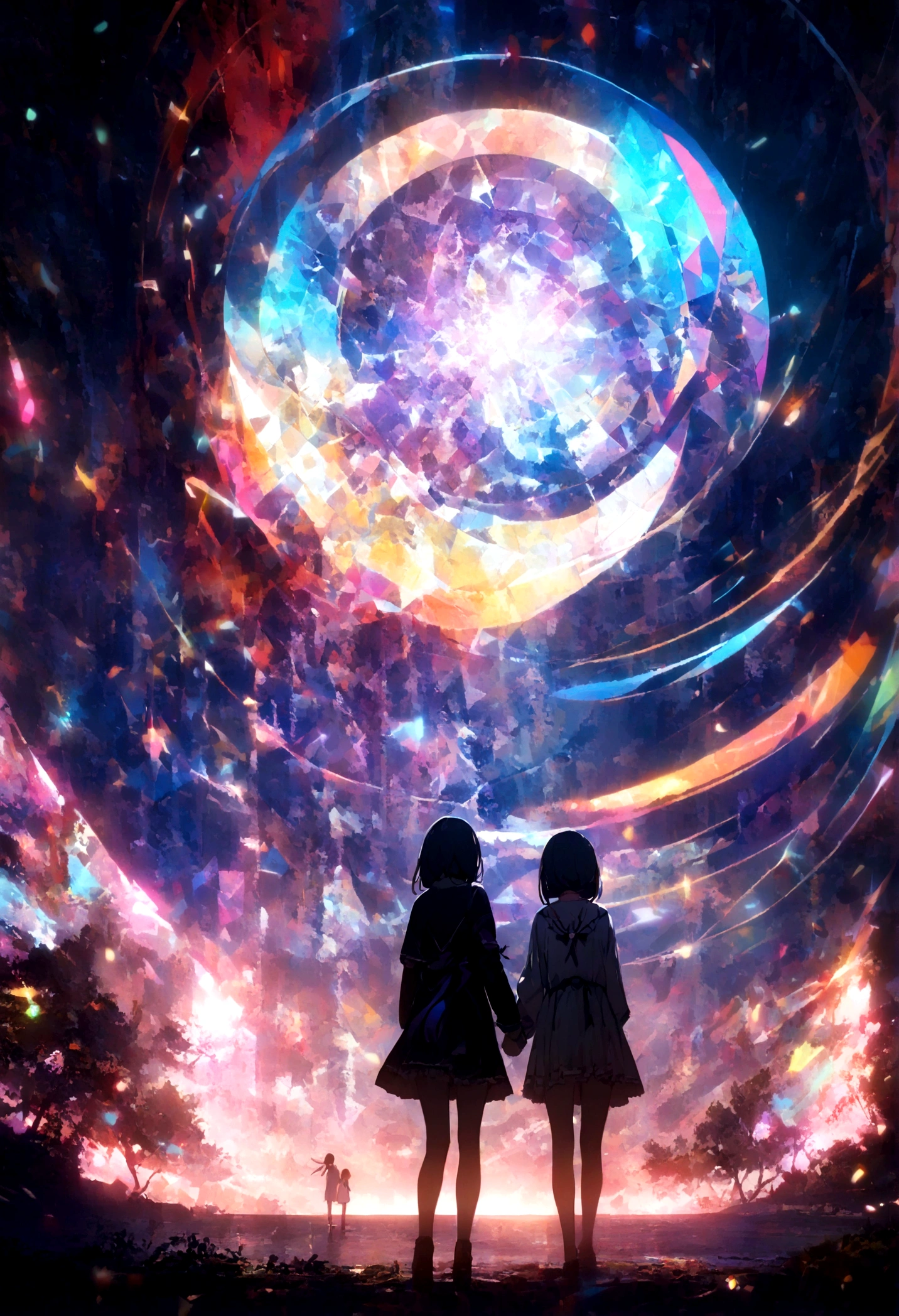 2girls,akemi_homura and kaname_madoka are holding hands in the center,geometric and chaotic background landscape,(in a very psychedelic nightmare), BREAK ,quality\(8k,wallpaper of extremely detailed CG unit, ​masterpiece,hight resolution,top-quality,top-quality real texture skin,hyper realisitic,increase the resolution,RAW photos,best qualtiy,highly detailed,the wallpaper,cinematic lighting,ray trace,golden ratio\),(long shot:1.5),(wide shot),(landscape),blur