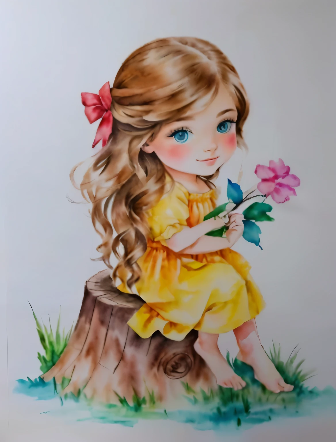 a close-up of a drawing of a girl sitting on a tree stump, desenho colorido, water color and pen, desenho colorido, inspirado em Claire Hummel, pintura colorida em aquarela, water color on paper, full desenho colorido, por Ilka Gedő, Aquarela, water color, water color, a colored pencil drawing, water color painting, Pintura aquarela