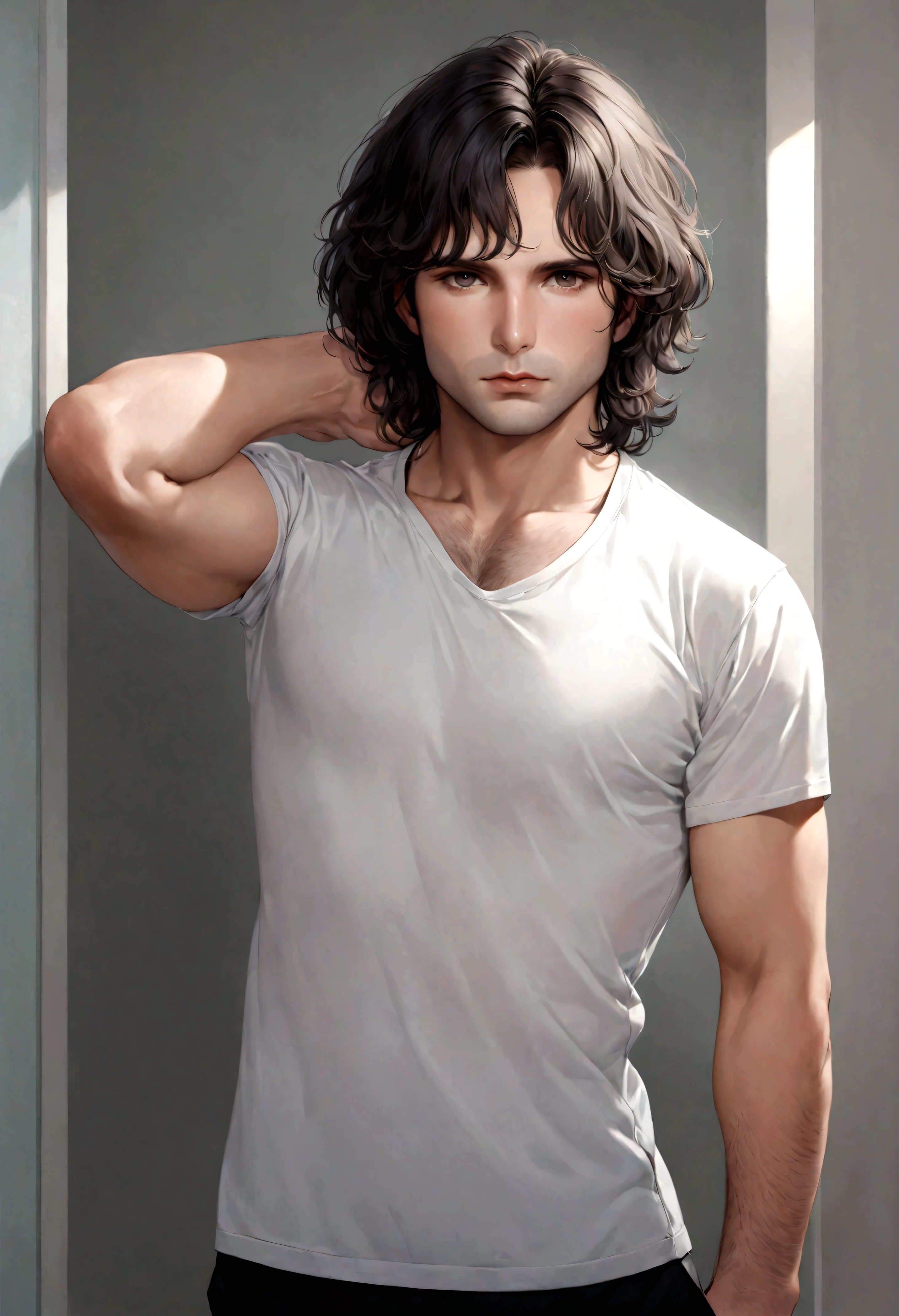 (traje de etiqueta para hombre), ), (con poca barba,) (ojos color cafe claro), Aspecto atractivo y serio, cabello oscuro, Elegante y con estilo, Camiseta de cuerpo fuerte afeitada, Un hombre similar al actor Jim Morrison, (Imagen realista y de alta calidad), Apartamento escandinavo en el fondo simple de un cuarto, ((La mejor calidad, 8K, obra maestra).((pose dinamica))