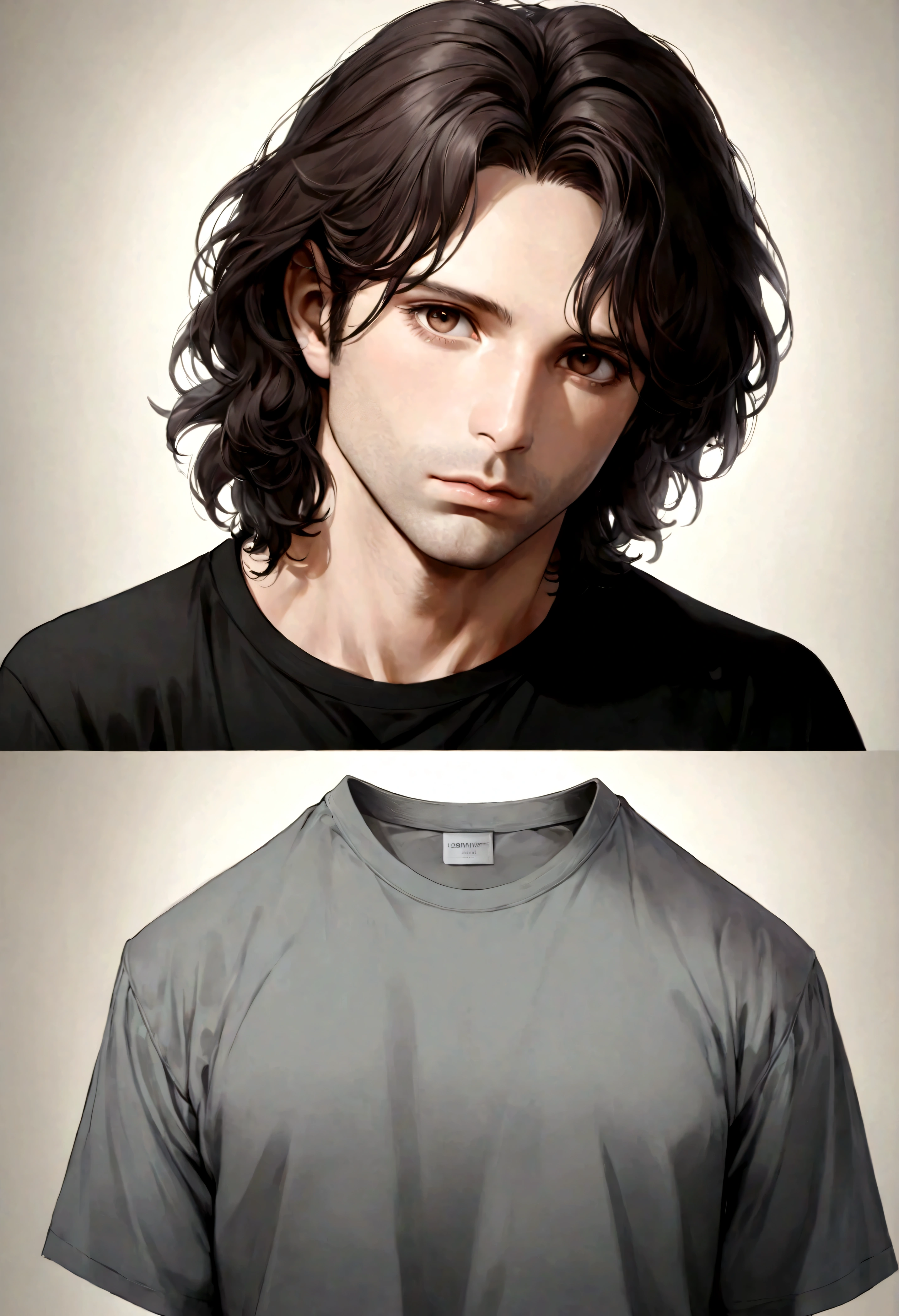 (traje de etiqueta para hombre), ), (con poca barba,) (ojos color cafe claro), Aspecto atractivo y serio, cabello oscuro, Elegante y con estilo, Camiseta de cuerpo fuerte afeitada, Un hombre similar al actor Jim Morrison, (Imagen realista y de alta calidad), Apartamento escandinavo en el fondo simple de un cuarto, ((La mejor calidad, 8K, obra maestra).((pose dinamica))
