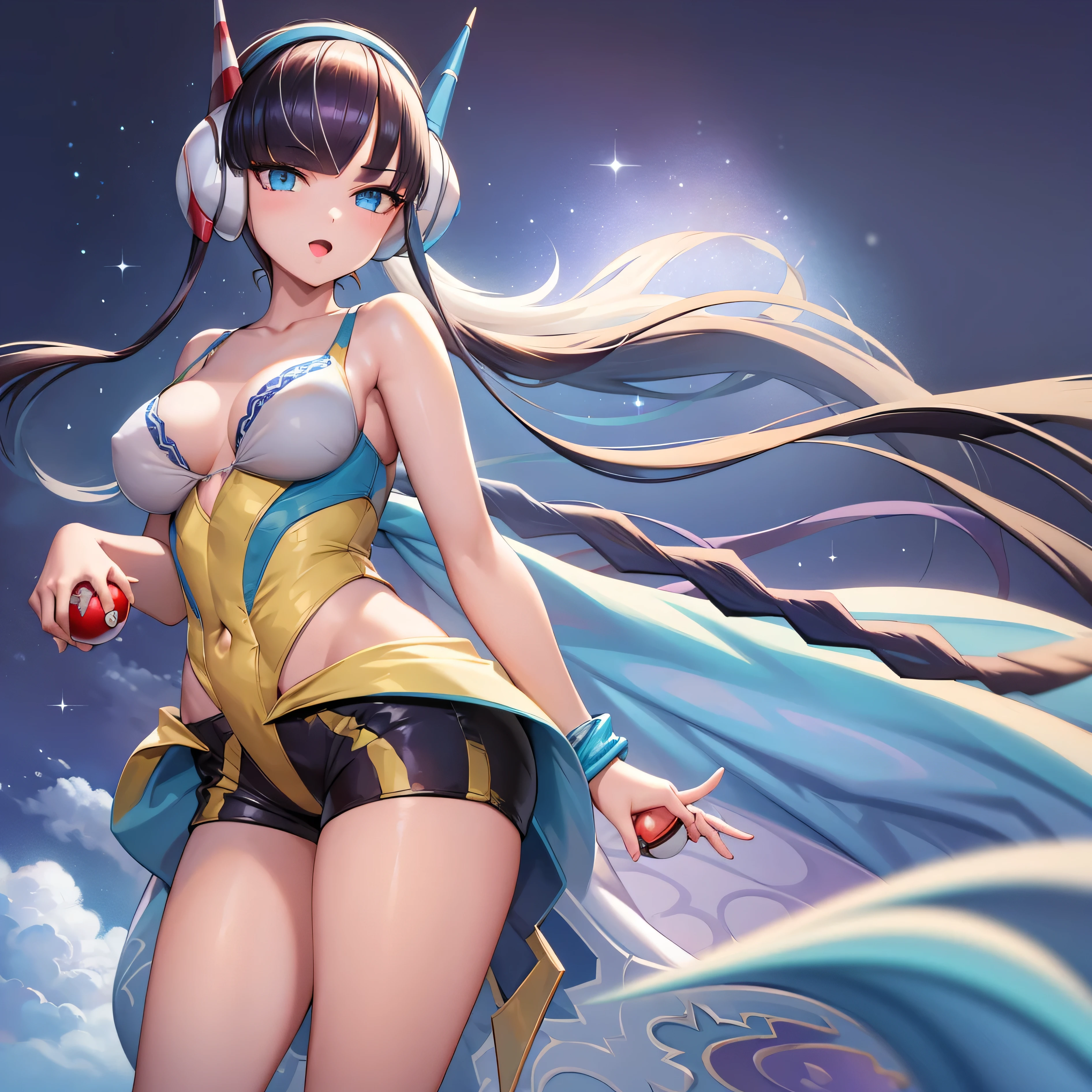 (masterpiece:1.2), (best quality), (ultra detailed), (8k, 4k, intricate),(full-body-shot:1), (highly detailed:1.2),(detailed face:1.2), (detailed background), detailed landscape, ((portrait)), (dynamic pose:1.2) bw2elesa, black hair, streaked hair, long sidelocks, hair ornaments, headphones, 1girl, ((solo)), breasts, looking at viewer, smile, open mouth, ribbon, jewelry, large breasts, light blue bra, yellow panties, nsfw, collarbone, hair ribbon, cowboy shot, hairband, bracelet, red ribbon, hand on hip, index finger raised, poke ball, poke ball (basic), blue footwear, red footwear, sidelocks, shorts, eyelashes,
