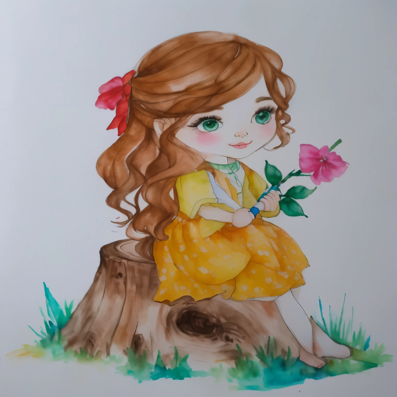 a close-up of a drawing of a girl sitting on a tree stump, desenho colorido, water color and pen, desenho colorido, inspirado em Claire Hummel, pintura colorida em aquarela, water color on paper, full desenho colorido, por Ilka Gedő, Aquarela, water color, water color, a colored pencil drawing, water color painting, Pintura aquarela