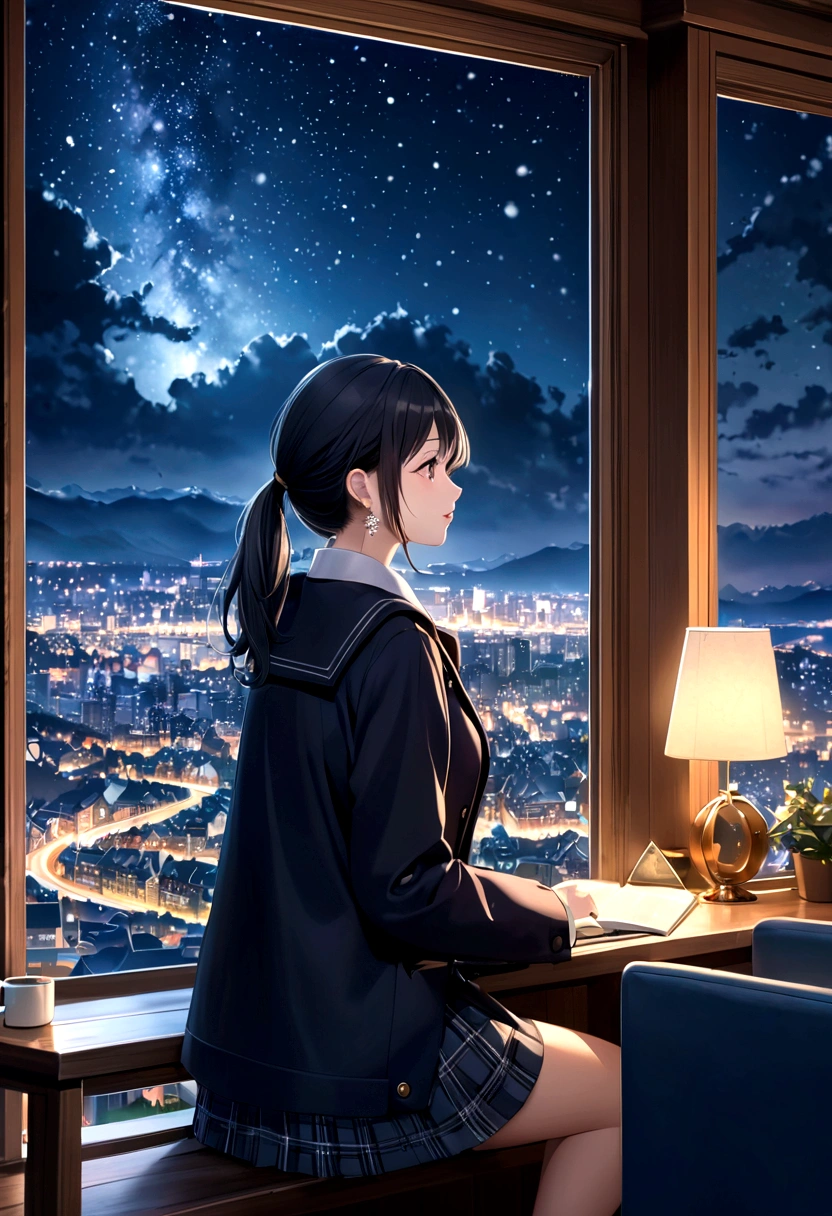 masterpiece, top-quality, (hight resolution), (extremely detailed CG unified 8k wallpaper),(Promotional posters:1.4), (beautiful night scene:1.4),Midnight,midwinter,(cloudy ash sky:1.2),((snowflakes falling)),((Snowflake),Near and far law,((Wear a long coat)),on a hill,Sit on the ground,((Detailed distant cityscape)),Residential area,condominium,apartament,looking at the city,serene ambiance,eye reflections,Colorcon,(Quintab Tail+1.2),glowing earrings,Profile of the character,1 cute high school girl,(large full breasts),f/2.8 35mm,captured on canon eos r 6,Cute Uniform,Plaid miniskirt,knit,Photorealsitic,Background Focus,Panoramic Photography