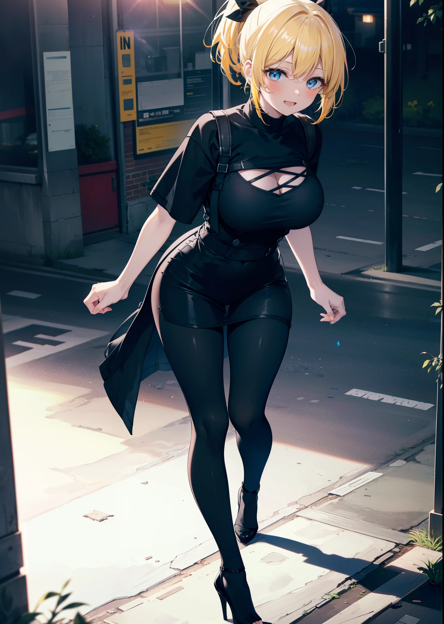 Eliase, catalyst, Yellow Hair, blue eyes,ponytail, Hair Ribbon,happy smile, smile, Open your mouth, Oversized black y-shirt,Big Breasts,black skinny pants,Stiletto heels,morning,morning陽,The sun is rising,walking,whole bodyがイラストに入るように,Looking down from above,
break looking at viewer,whole body,
break outdoors, In town,
break (masterpiece:1.2), highest quality, High resolution, unity 8k wallpaper, (figure:0.8), (Beautiful fine details:1.6), Highly detailed face, Perfect lighting, Highly detailed CG, (Perfect hands, Perfect Anatomy),