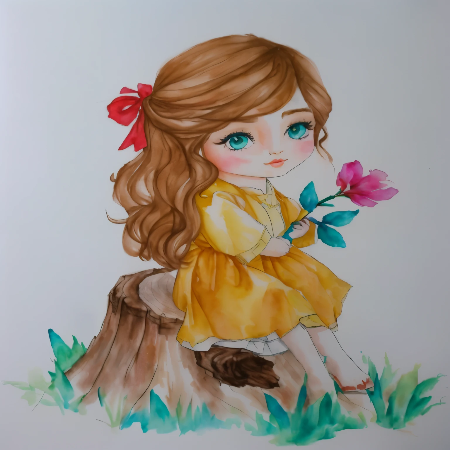 a close-up of a drawing of a girl sitting on a tree stump, desenho colorido, water color and pen, desenho colorido, inspirado em Claire Hummel, pintura colorida em aquarela, water color on paper, full desenho colorido, por Ilka Gedő, Aquarela, water color, water color, a colored pencil drawing, water color painting, Pintura aquarela