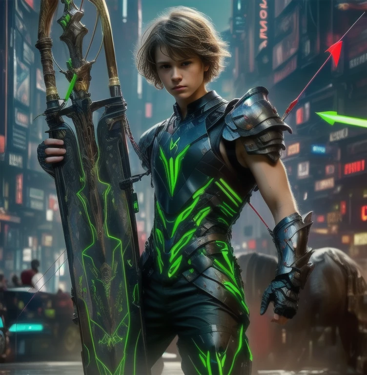 (ultra realistic,32k, masterpiece:1.2, UHD),(high detailed skin:1.1),( high quality:1.1), 1 boy, brown short raw cut hairs, brown eyes, green techno fantasy armor, cyberpunk, techno fantasy bow with ((energy bow arch)),((energy arrows)), caucasian race, light decourations, 18 years old 