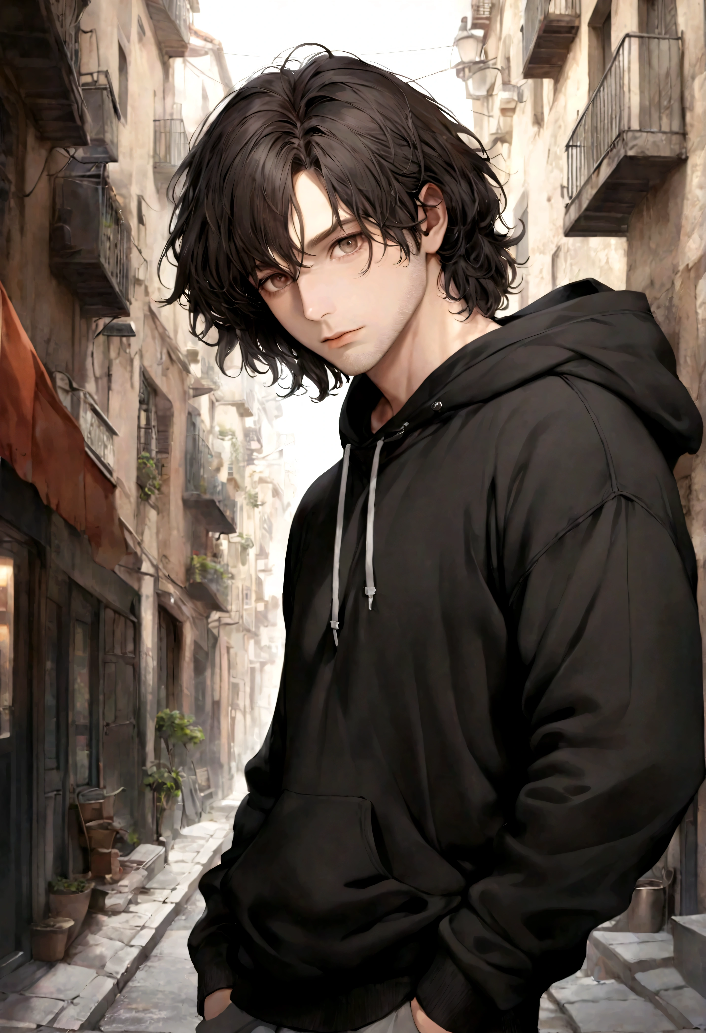 (sudadera con capucha para hombre), ), (con barba ,) (ojos color cafe claro), Aspecto atractivo y serio, cabello negro oscuro, ropa comoda y holgada sudadera color cafe, Un hombre similar al actor Jim Morrison, (Imagen realista y de alta calidad), fondo en la calle con la vista hacia una ciudad, ((La mejor calidad, 8K, obra maestra).((dynamic pose))