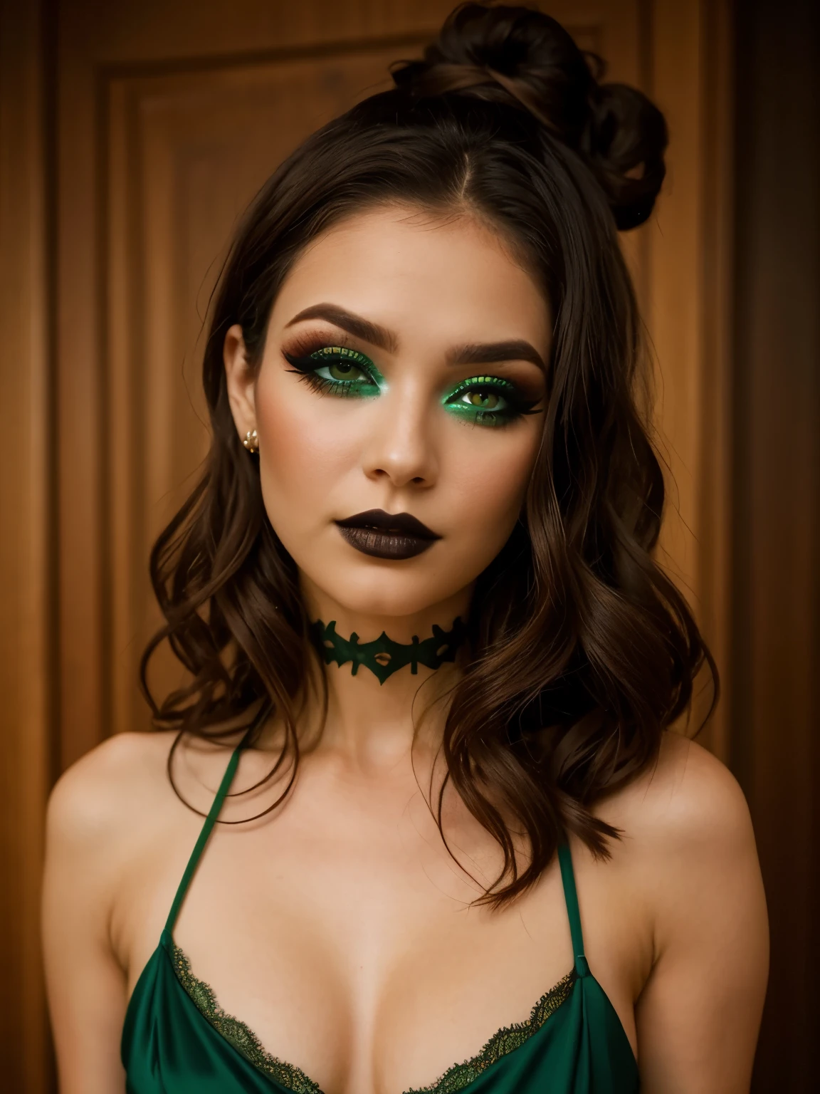 Crie o rosto de uma mulher morena muito bonita com sardas e olhos verdes, cabelo castanho com coque e olhos nas bochechas, with beautiful gothic makeup.