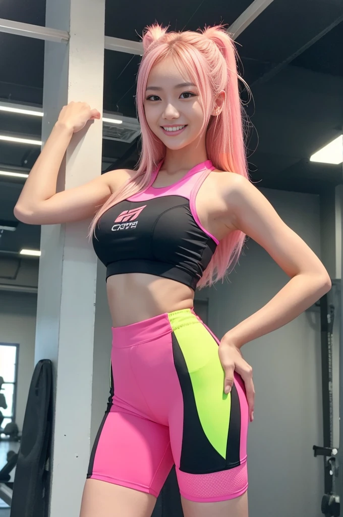 Tall sporty Indonesian model、bright smile、、、whole body、very long stylish hair、、、dominant pose、Good style、、、、、、、、Fluorescent pink and yellow tight shorts costume、strapless top、、Pink Blonde Hair、、、cyber belt、large very detailed training gym background