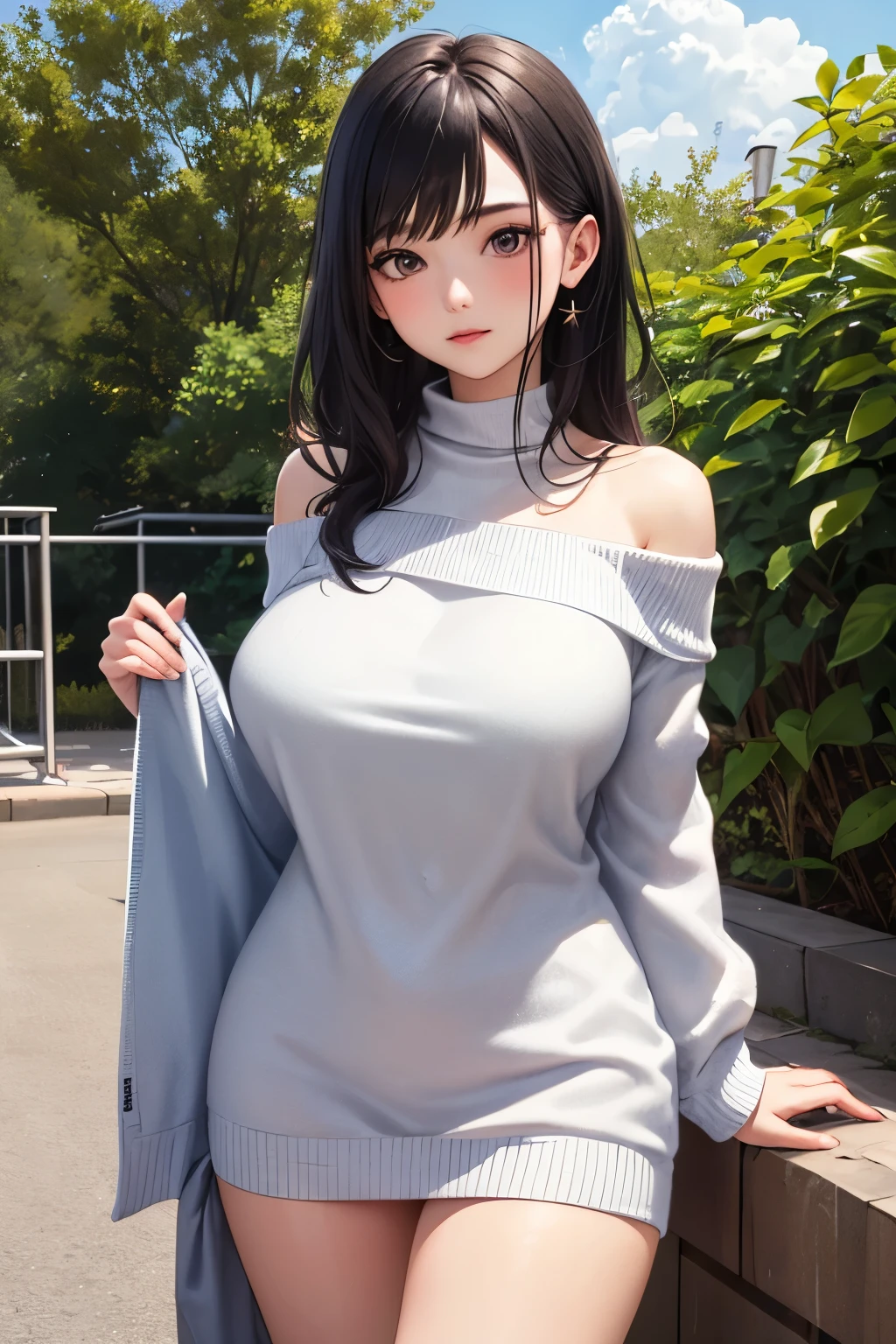 ((best quality)), ((masterpiece)), (detailed), 1 Girl, Off-shoulder sweater, Big breasts，Height 170cm，Mainly purple