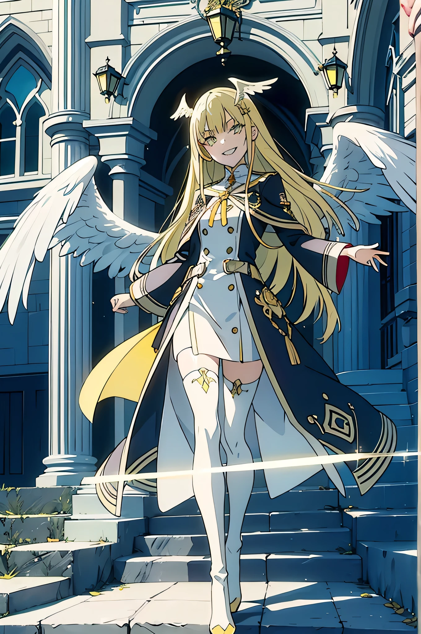 cathedral background,full body,whole body,slender,thin legs,Greenish-yellow hair，Yellow-green pupils，White clothes with green and yellow are embellished with gold and silver ornaments，She is a natural cute girl,((evil smile)),white thighhigh boots,full body,long hair,white angel wings,whole body,