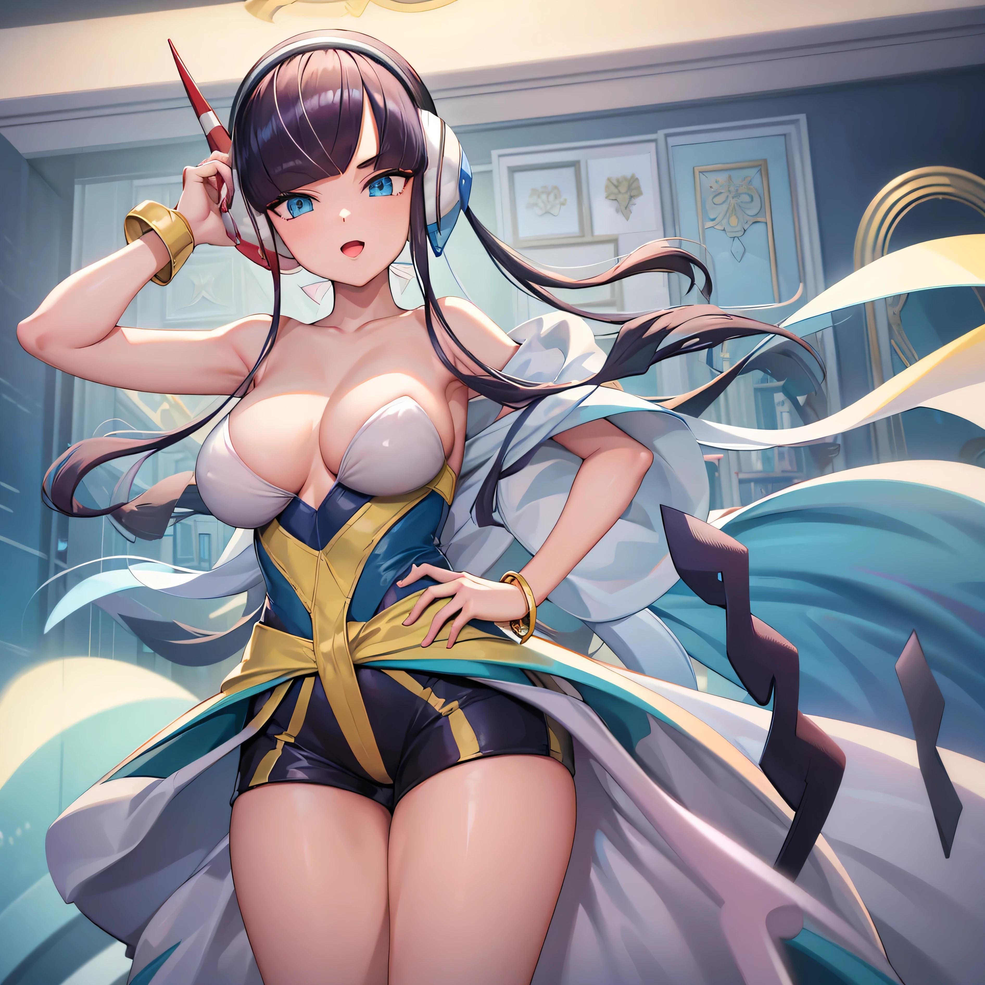 (masterpiece:1.2), (best quality), (ultra detailed), (8k, 4k, intricate),(full-body-shot:1), (highly detailed:1.2),(detailed face:1.2), (detailed background), detailed landscape, ((portrait)), (dynamic pose:1.2) bw2elesa, black hair, streaked hair, long sidelocks, hair ornaments, headphones, 1girl, ((solo)), breasts, looking at viewer, smile, open mouth, ribbon, jewelry, large breasts, light blue bra, yellow panties, nsfw, collarbone, hair ribbon, cowboy shot, hairband, bracelet, red ribbon, hand on hip, index finger raised, poke ball, poke ball (basic), blue footwear, red footwear, sidelocks, shorts, eyelashes,