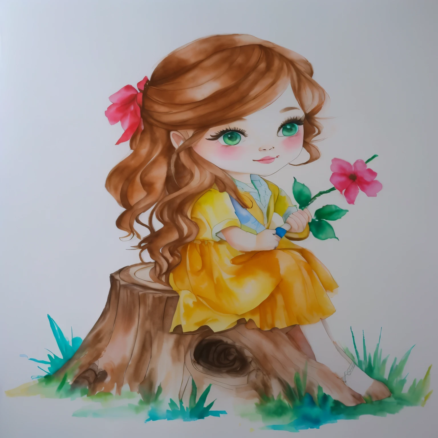 a close-up of a drawing of a girl sitting on a tree stump, desenho colorido, water color and pen, desenho colorido, inspirado em Claire Hummel, pintura colorida em aquarela, water color on paper, full desenho colorido, por Ilka Gedő, Aquarela, water color, water color, a colored pencil drawing, water color painting, Pintura aquarela