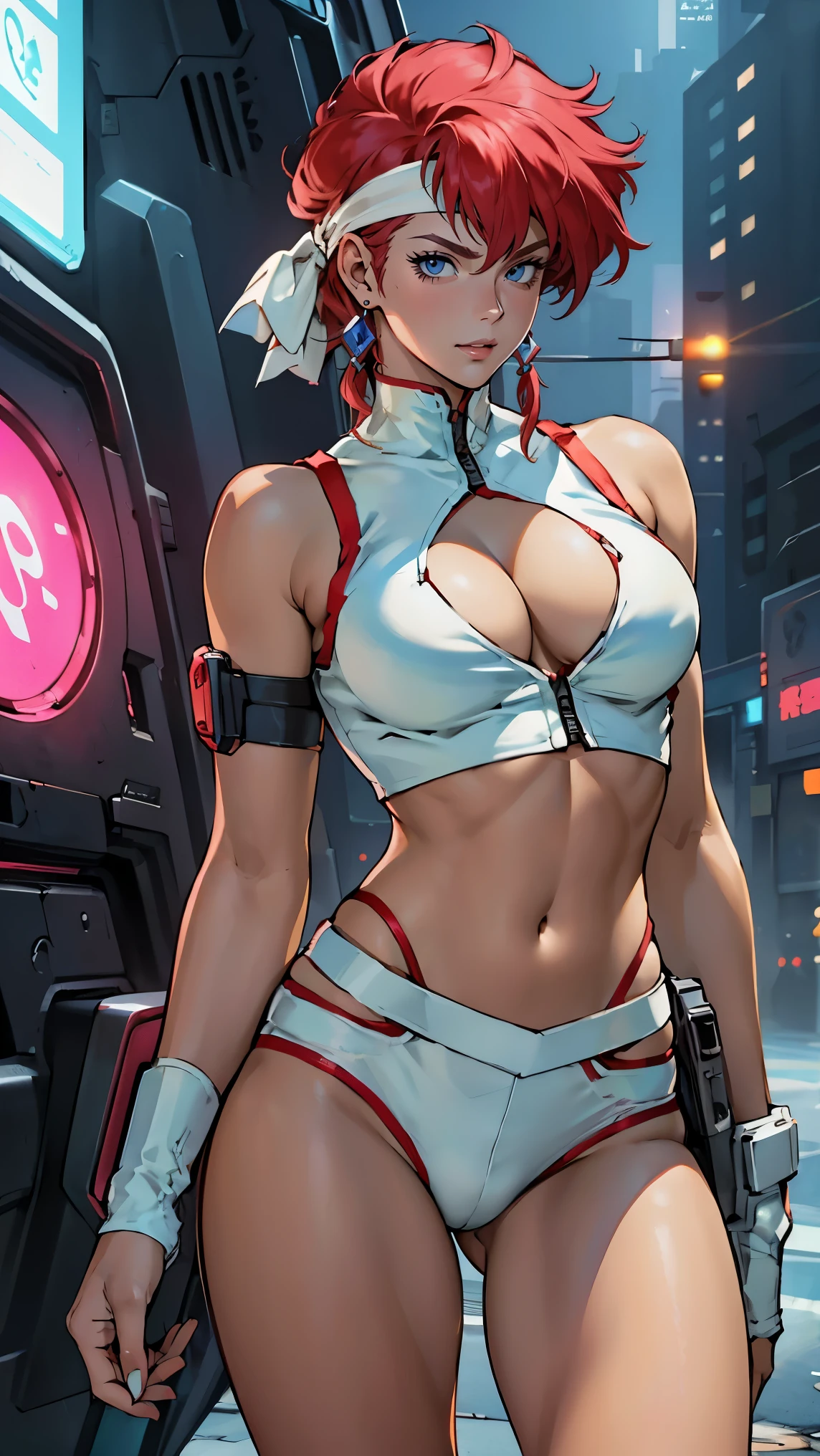 ((Masterpiece, highest quality; 1.3)), super quality, beautiful detail, super detailed, extra fine, 16K, exquisite, absurd, high resolution, beautiful background, detailed background, beautiful eyes, beautiful skin, anime style, Kay from Dirty Pair in a white outfit, tight outfit, cleavage, bushy redhead beauty, very light blue uniform, wearing tight clothes, skimpy, (mid chest: 1.2), cleavage, cleavage, slim waist , thin waist, slim thighs, thin legs, slim legs. thigh gap, showing stomach, skinny, thin hips, cyberpunk city background, retro space gun holding, headband,