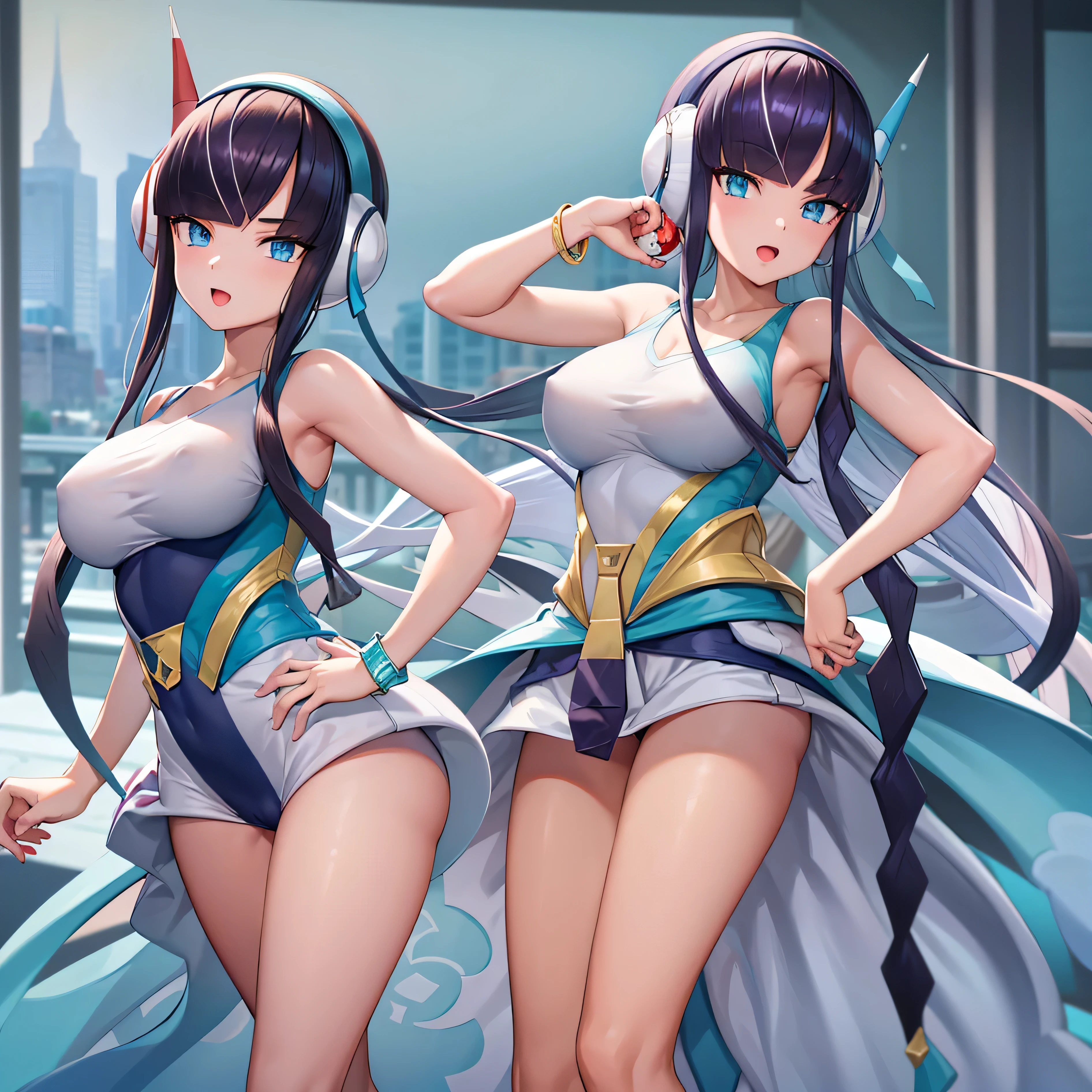 (masterpiece:1.2), (best quality), (ultra detailed), (8k, 4k, intricate),(full-body-shot:1), (highly detailed:1.2),(detailed face:1.2), (detailed background), detailed landscape, ((portrait)), (dynamic pose:1.2) bw2elesa, black hair, streaked hair, long sidelocks, hair ornaments, headphones, 1girl, ((solo)), breasts, looking at viewer, smile, open mouth, ribbon, jewelry, large breasts, light blue bikin, nsfw, collarbone, hair ribbon, cowboy shot, hairband, bracelet, red ribbon, hand on hip, index finger raised, poke ball, poke ball (basic), blue footwear, blue footwear, sidelocks, eyelashes,