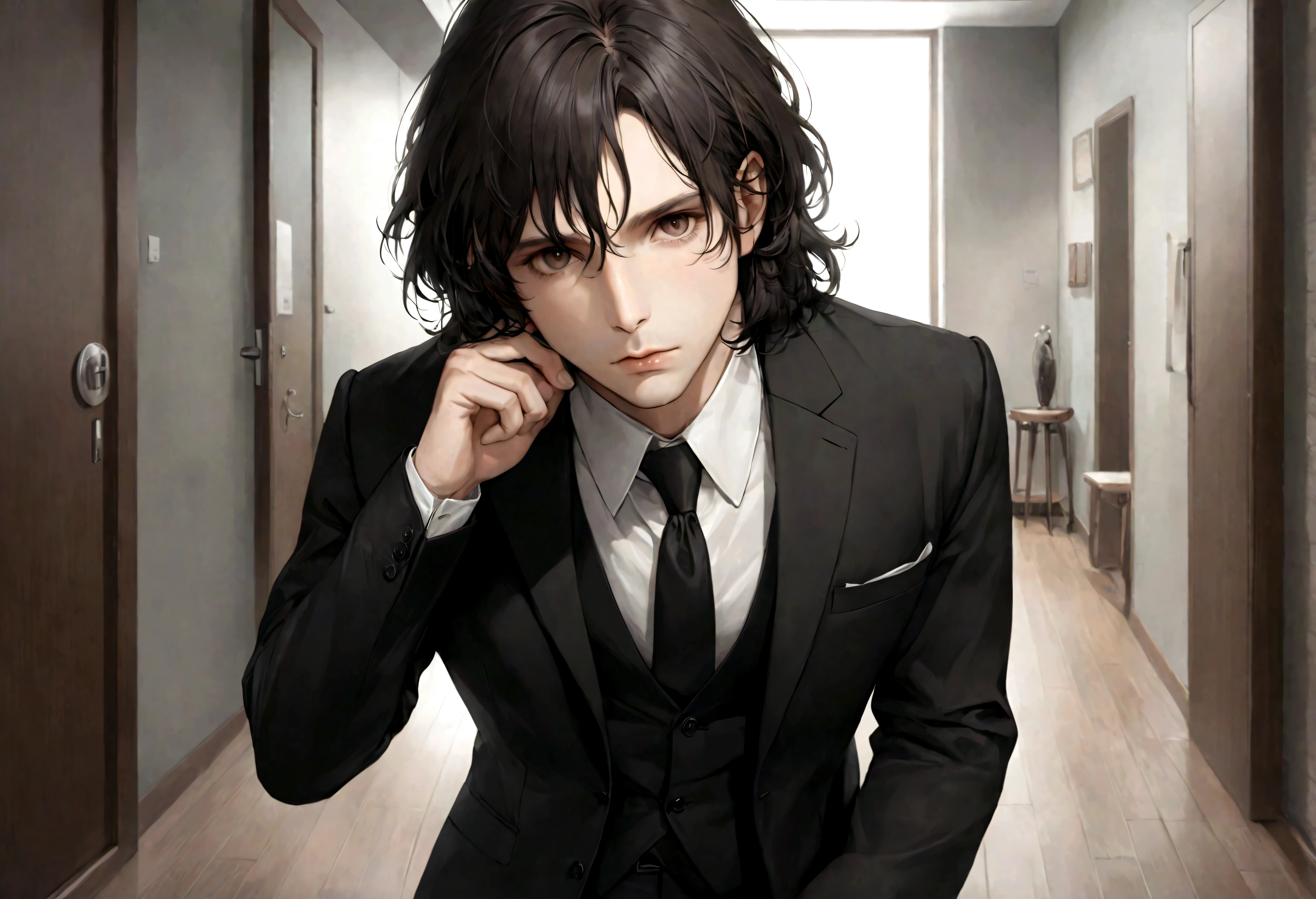 (traje de etiqueta para hombre), ), (con poca barba,) (ojos color cafe claro), Aspecto atractivo y serio, cabello negro oscuro, Elegante y con estilo, Un hombre similar al actor Jim Morrison, (Imagen realista y de alta calidad), Apartamento escandinavo en el fondo estilo estudio, ((La mejor calidad, 8K, obra maestra).((dynamic pose))