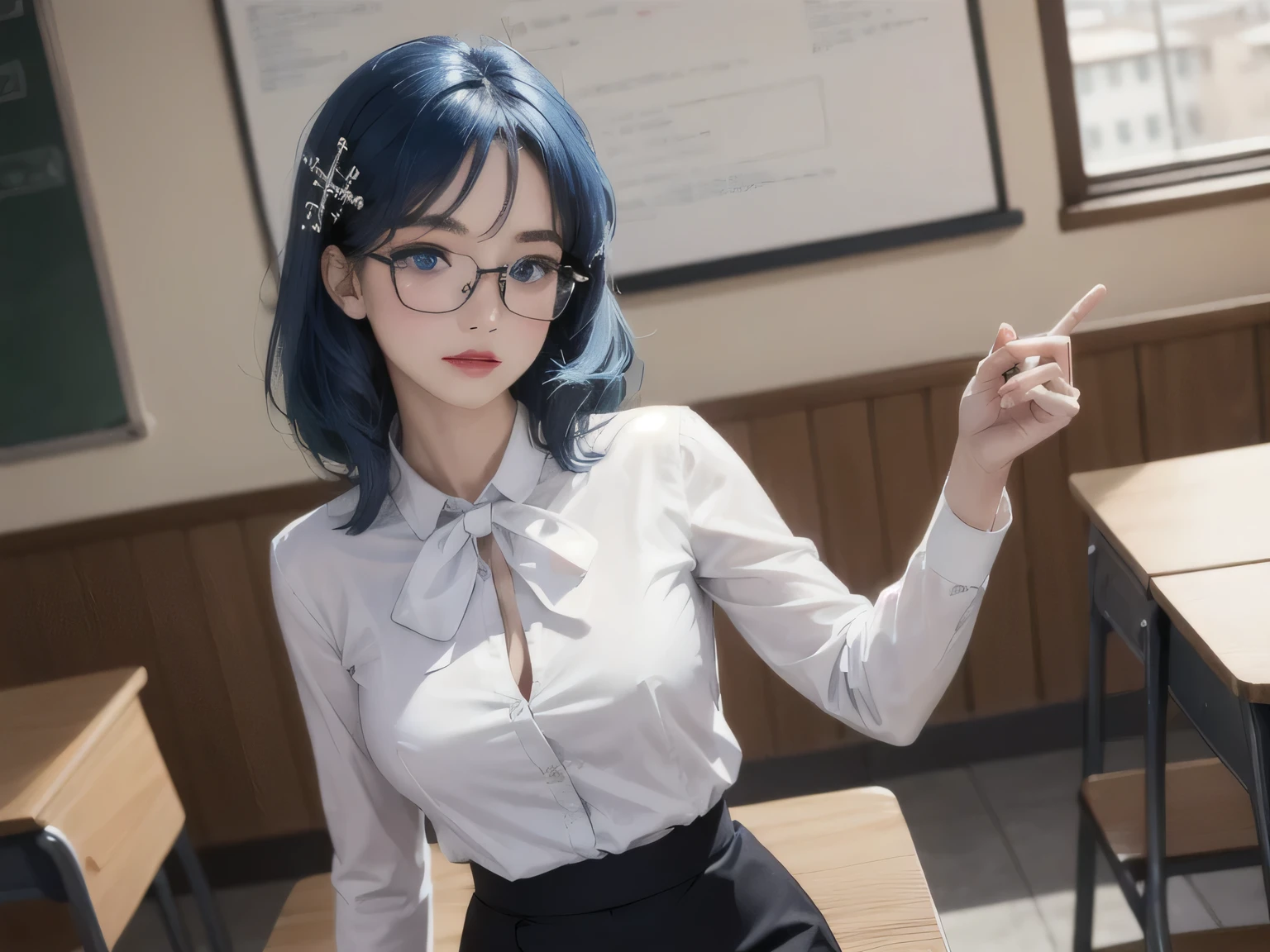 teacher、In the classroom、White blouse、Black Pencil Skirt、Glasseasterpiece:1.4, best quality), (intricate details), unity 8k wallpaper, ultra detailed, beautiful and aesthetic, perfect lighting, (1girl), (blue hair, blue eyes, medium breasts),, dynamic pose, dynamic angle, lipstick, slim, slim body, medium breasts, , detailed background, realistic, solo, perfect detailed face, detailed eyes, highly detailed, blush, hair ornament, rolling_eyes, cross-eyed,