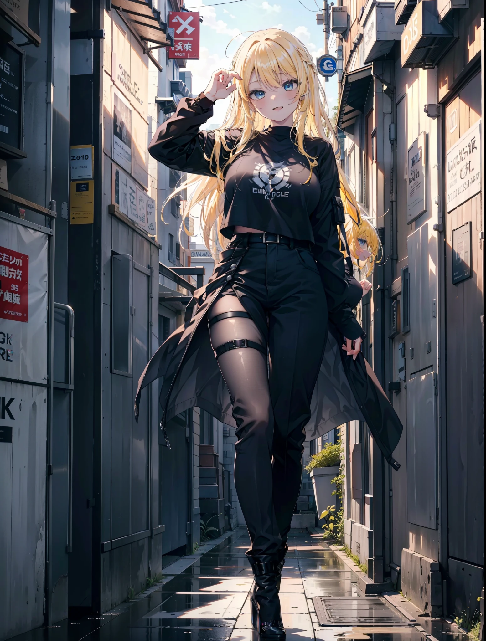 Eliase, catalyst, Yellow Hair, blue eyes,Long Hair,happy smile, smile, Open your mouth, Oversized black y-shirt,Big Breasts,black skinny pants,Stiletto heels,morning,morning陽,The sun is rising,walking,whole bodyがイラストに入るように,Looking up from below,
break looking at viewer,whole body,
break outdoors, In town,
break (masterpiece:1.2), highest quality, High resolution, unity 8k wallpaper, (figure:0.8), (Beautiful fine details:1.6), Highly detailed face, Perfect lighting, Highly detailed CG, (Perfect hands, Perfect Anatomy),