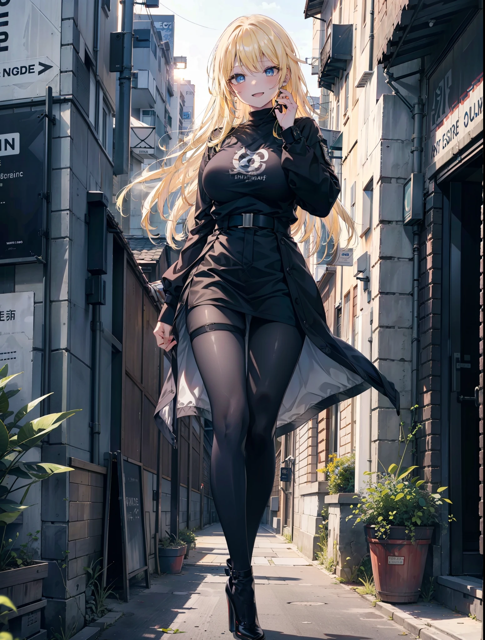 Eliase, catalyst, Yellow Hair, blue eyes,Long Hair,happy smile, smile, Open your mouth, Oversized black y-shirt,Big Breasts,black skinny pants,Stiletto heels,morning,morning陽,The sun is rising,walking,whole bodyがイラストに入るように,Looking up from below,
break looking at viewer,whole body,
break outdoors, In town,
break (masterpiece:1.2), highest quality, High resolution, unity 8k wallpaper, (figure:0.8), (Beautiful fine details:1.6), Highly detailed face, Perfect lighting, Highly detailed CG, (Perfect hands, Perfect Anatomy),