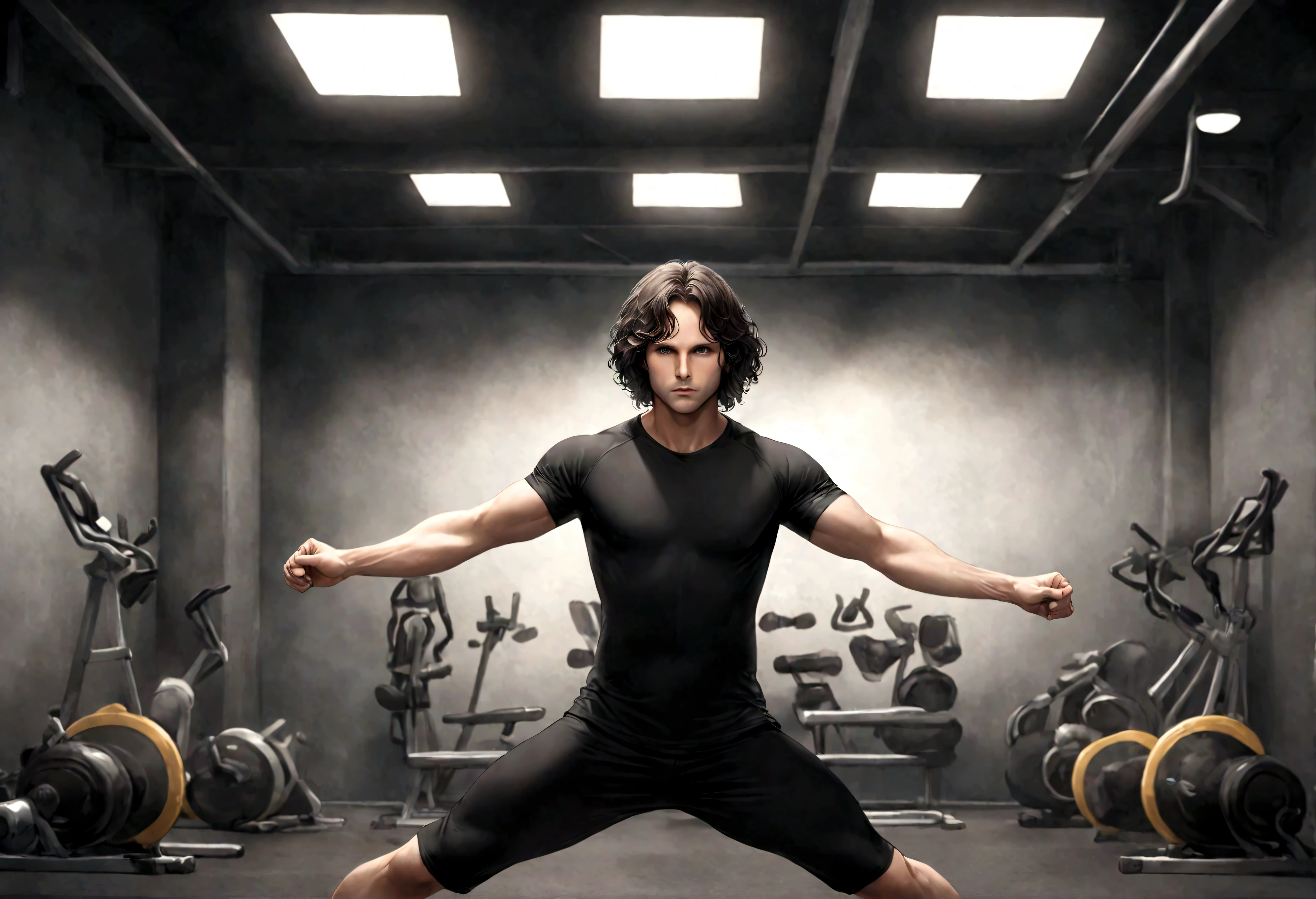 (ropa deportivo para hombre), ), (con barba rasurada,) (ojos color cafe claro), Aspecto atractivo y serio, cabello negro oscuro, ropa para hacer ejercicio, Un hombre similar al actor Jim Morrison, (Imagen realista y de alta calidad), fondo en el parque, zona para hacer ejercicio, gym,  ((La mejor calidad, 8K, obra maestra).((dynamic pose))