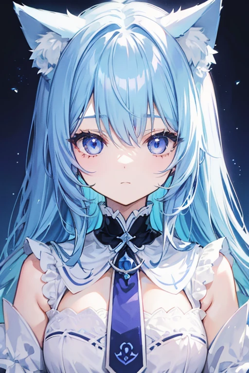 Light blue hair、Cat ear、Long Hair、Light blue and purple odd eyes、cute、Close up of face