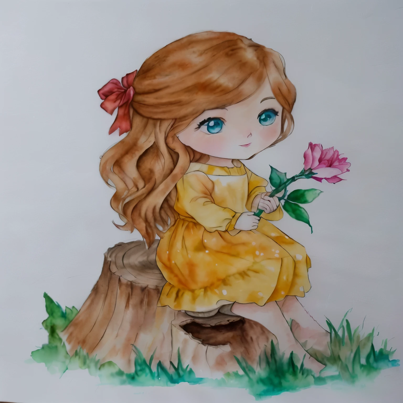 a close-up of a drawing of a girl sitting on a tree stump, com sapatinhos marrom, desenho colorido, water color and pen, desenho colorido, inspirado em Claire Hummel, pintura colorida em aquarela, water color on paper, full desenho colorido, por Ilka Gedő, Aquarela, water color, water color, a colored pencil drawing, water color painting, Pintura aquarela