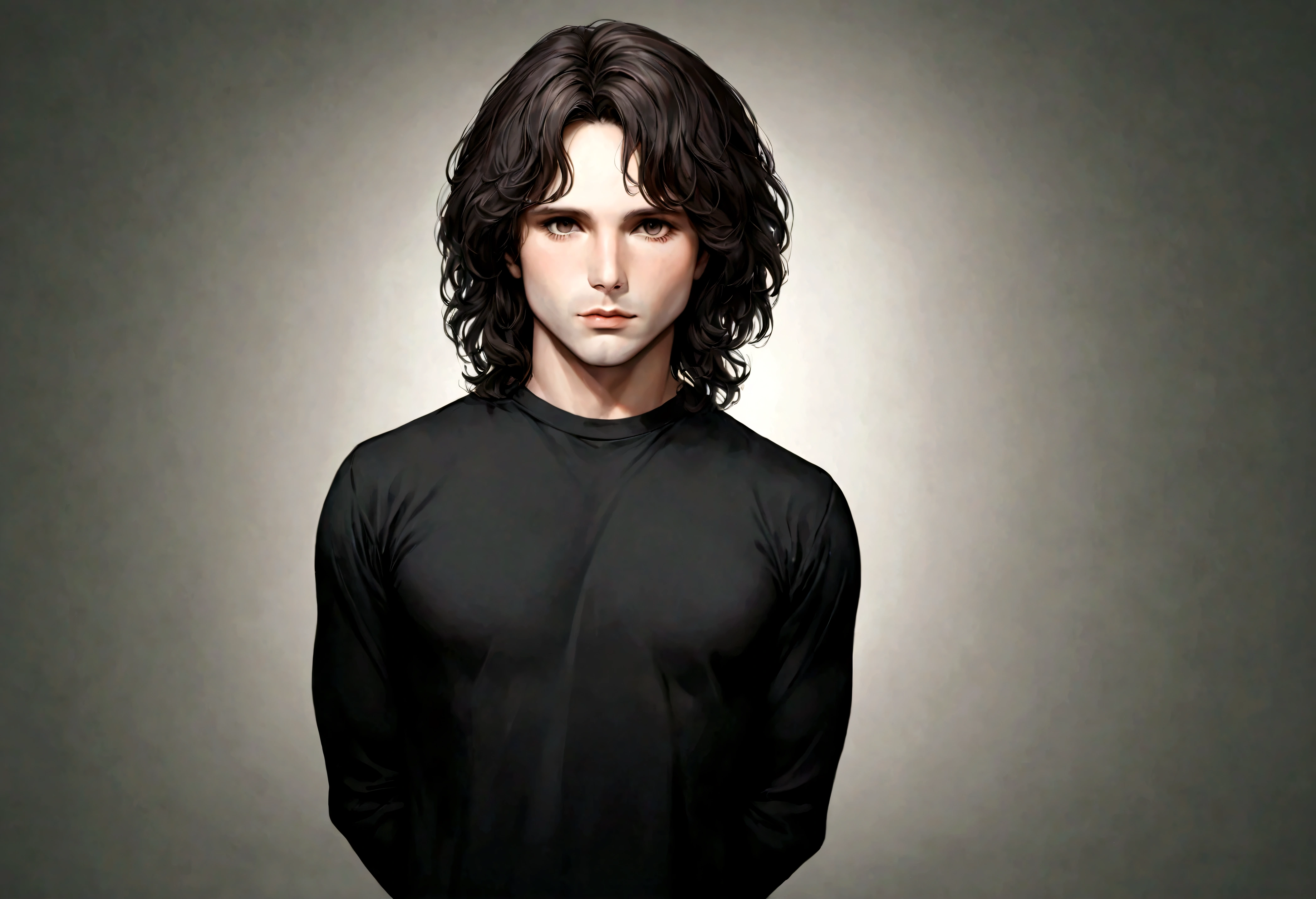 (traje de etiqueta para hombre), ), (con poca barba,) (ojos color cafe claro), Aspecto atractivo y serio, cabello oscuro, Elegante y con estilo, Camiseta de cuerpo fuerte afeitada, Un hombre similar al actor Jim Morrison, (Imagen realista y de alta calidad), Apartamento escandinavo en el fondo simple de un cuarto, ((La mejor calidad, 8K, obra maestra).((pose dinamica))