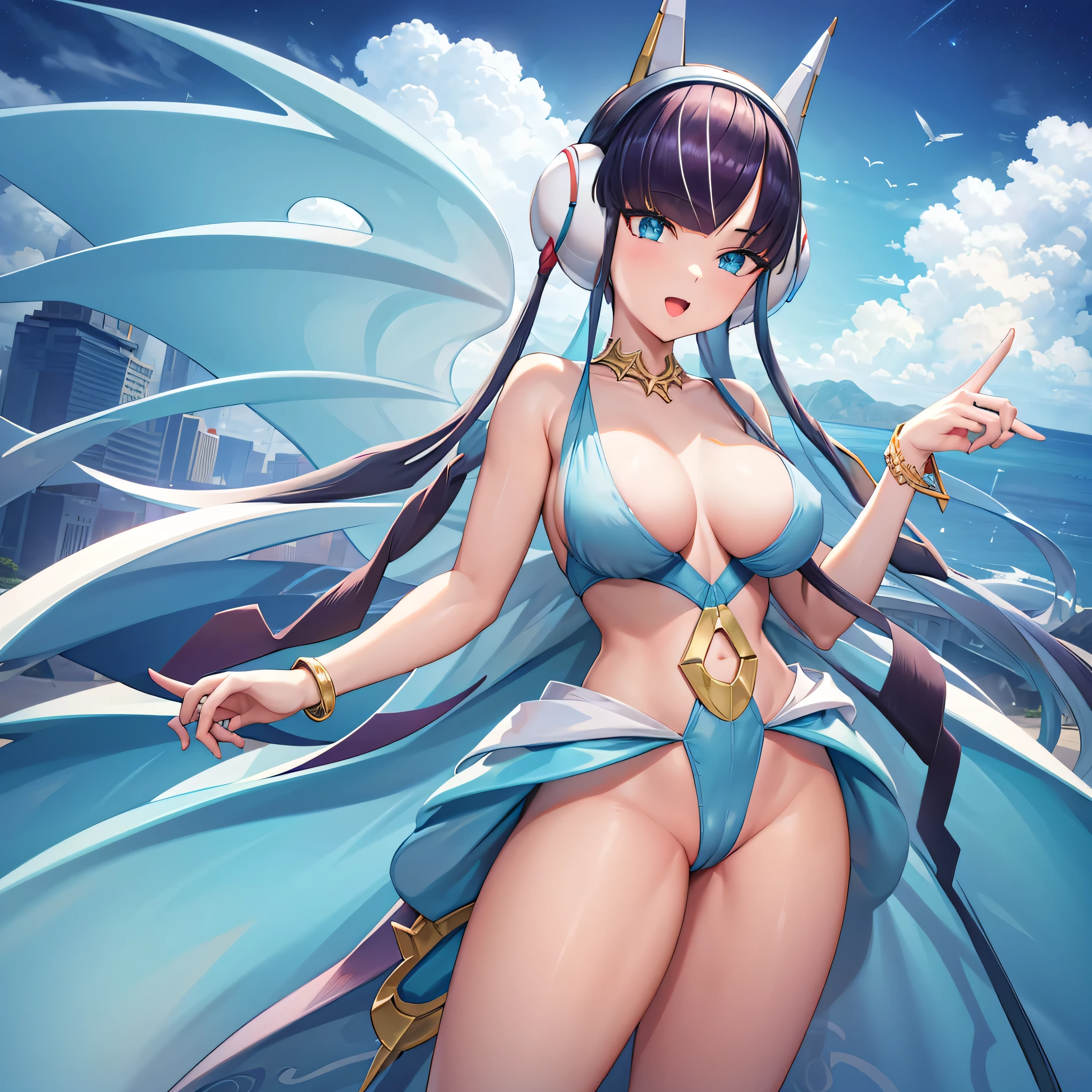 (masterpiece:1.2), (best quality), (ultra detailed), (8k, 4k, intricate),(full-body-shot:1), (highly detailed:1.2),(detailed face:1.2), (detailed background), detailed landscape, ((portrait)), (dynamic pose:1.2) bw2elesa, black hair, streaked hair, long sidelocks, hair ornaments, headphones, 1girl, ((solo)), breasts, looking at viewer, smile, open mouth, ribbon, jewelry, large breasts, light blue bikini, nsfw, collarbone, hair ribbon, cowboy shot, hairband, bracelet, red ribbon, hand on hip, index finger raised, poke ball, poke ball (basic), blue footwear, blue footwear, sidelocks, eyelashes,
