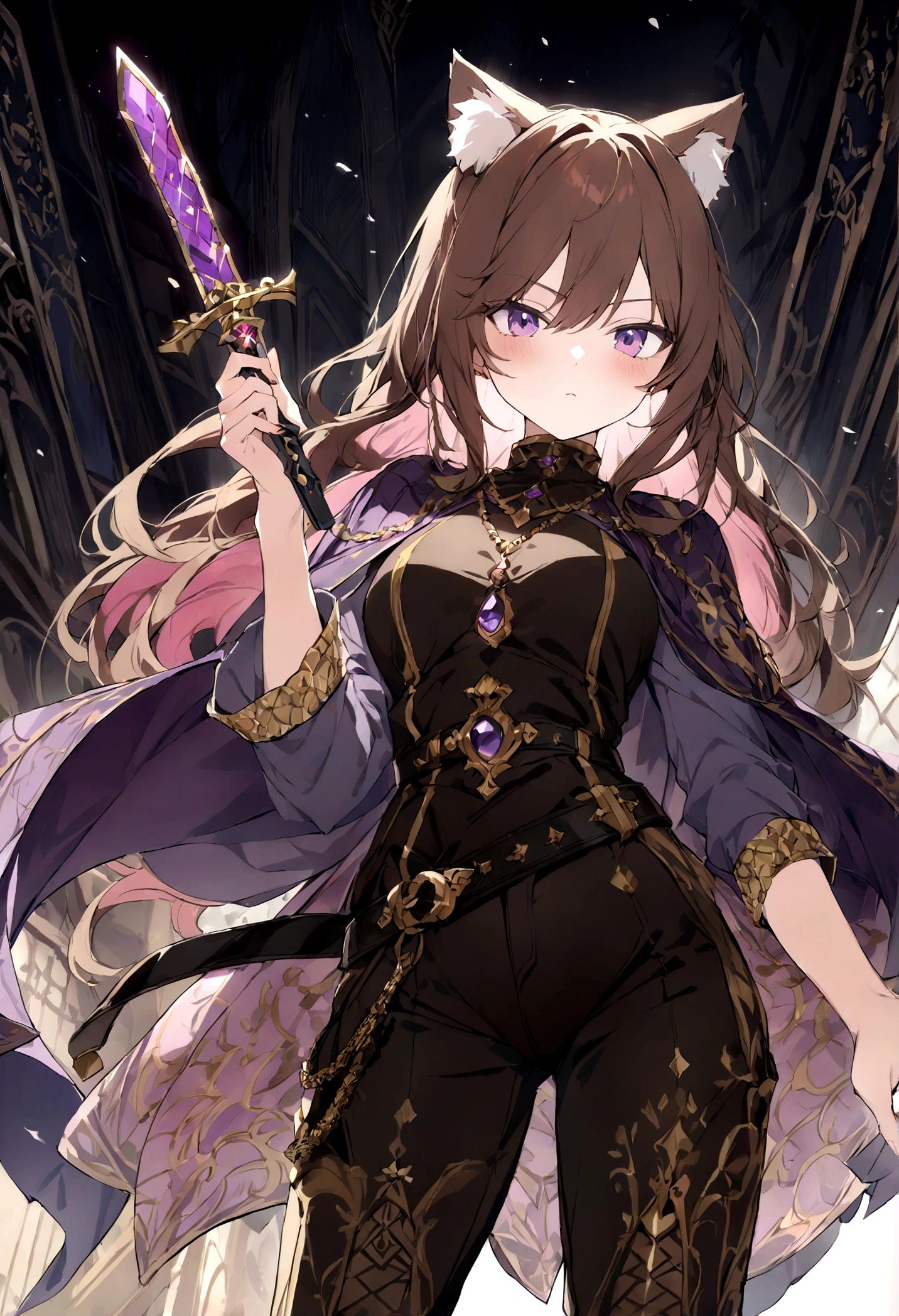 (1girl, Masterpiece, best quality) A young adult female character with long, brown hair featuring lighter streaks, styled in loose waves. She has striking purple eyes and a confident, slightly defiant expression. She has distinctive cat-like ears, brown with pink inner fur. (She wears a black and brown medieval-style adventuter aristocrat form-fitting top adorned with gold and red accents, including intricate patterns.) Over this, she has a purple cloak and black with gold detailing. The same style as outfit has pants and boots. Accessories include a purple gemstone necklace and a belt. The character is depicted in a dynamic low-angle shot, giving a sense of power and movement. She is holding a purple-bladed sword
