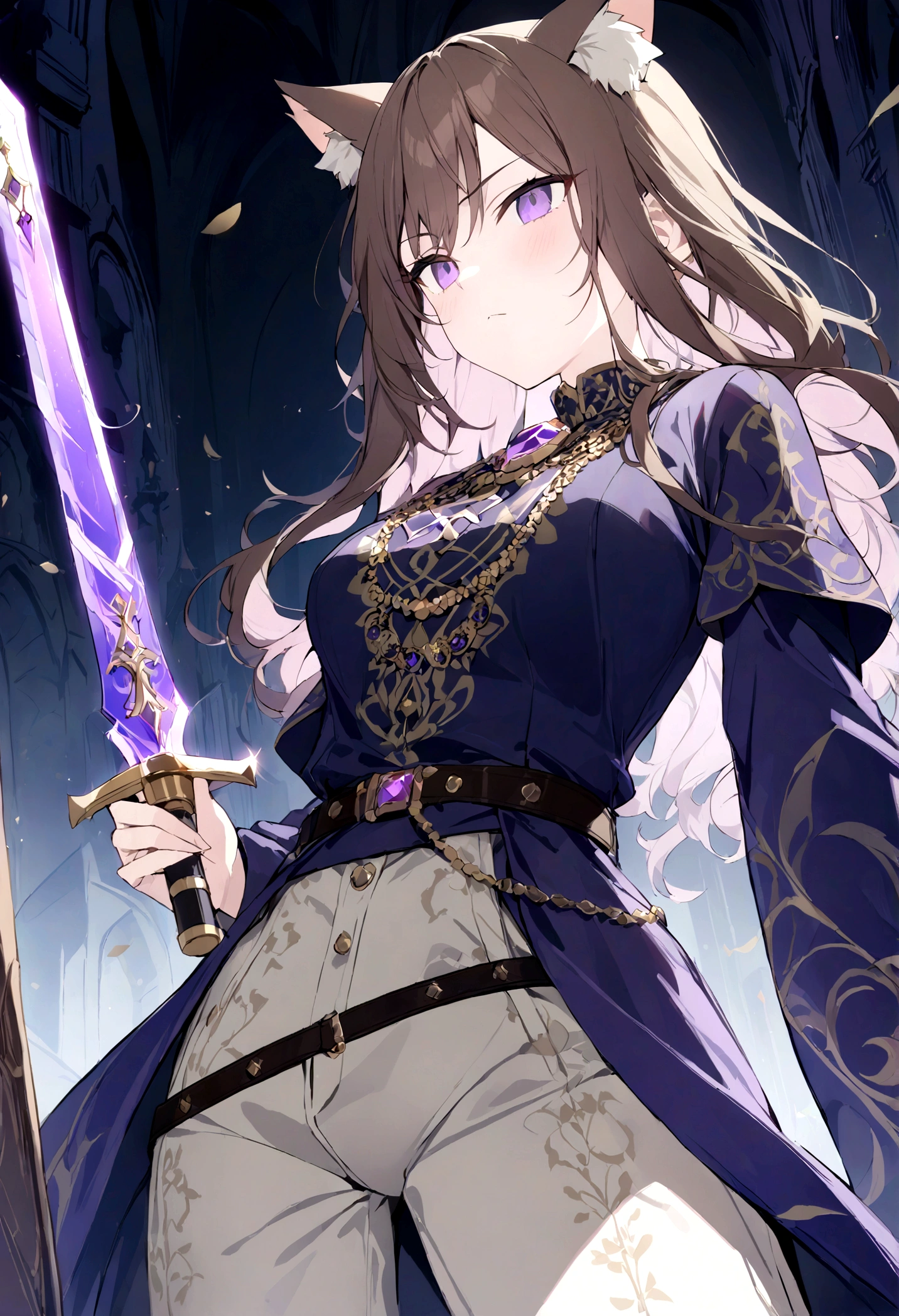 (1girl, Masterpiece, best quality) A young adult female character with long, brown hair featuring lighter streaks, styled in loose waves. She has striking purple eyes and a confident, slightly defiant expression. She has distinctive cat-like ears, brown with pink inner fur. (She wears a black and brown medieval-style adventuter aristocrat form-fitting top adorned with gold and red accents, including intricate patterns.) Over this, she has a purple cloak and black with gold detailing. The same style as outfit has pants and boots. Accessories include a purple gemstone necklace and a belt. The character is depicted in a dynamic low-angle shot, giving a sense of power and movement. She is holding a purple-bladed sword