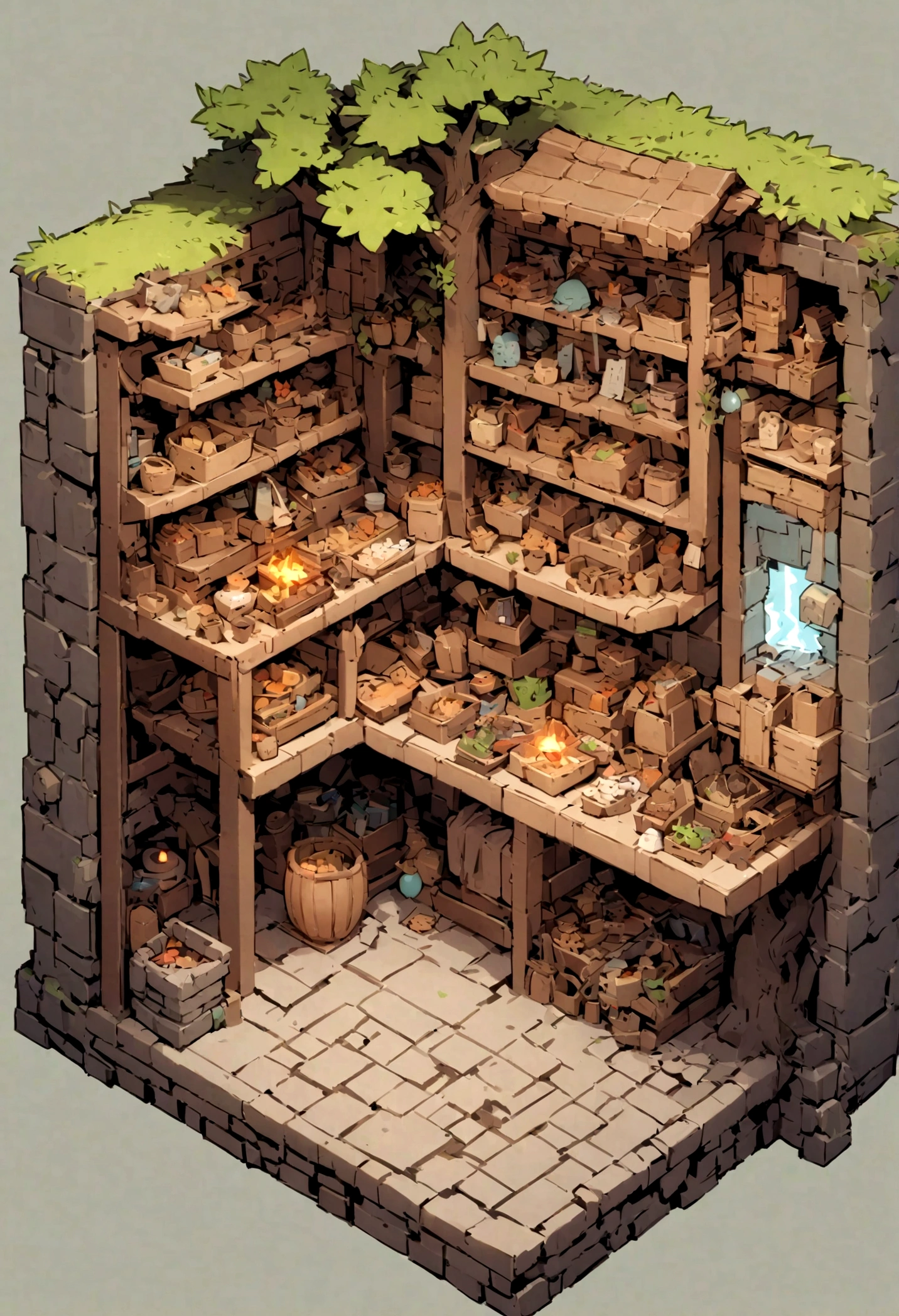 absurdres, best quality, fantasy, isometric, knolling style of (miniature dungeon:3.0,merchant), tree, stone wall, (simple background:1.3),