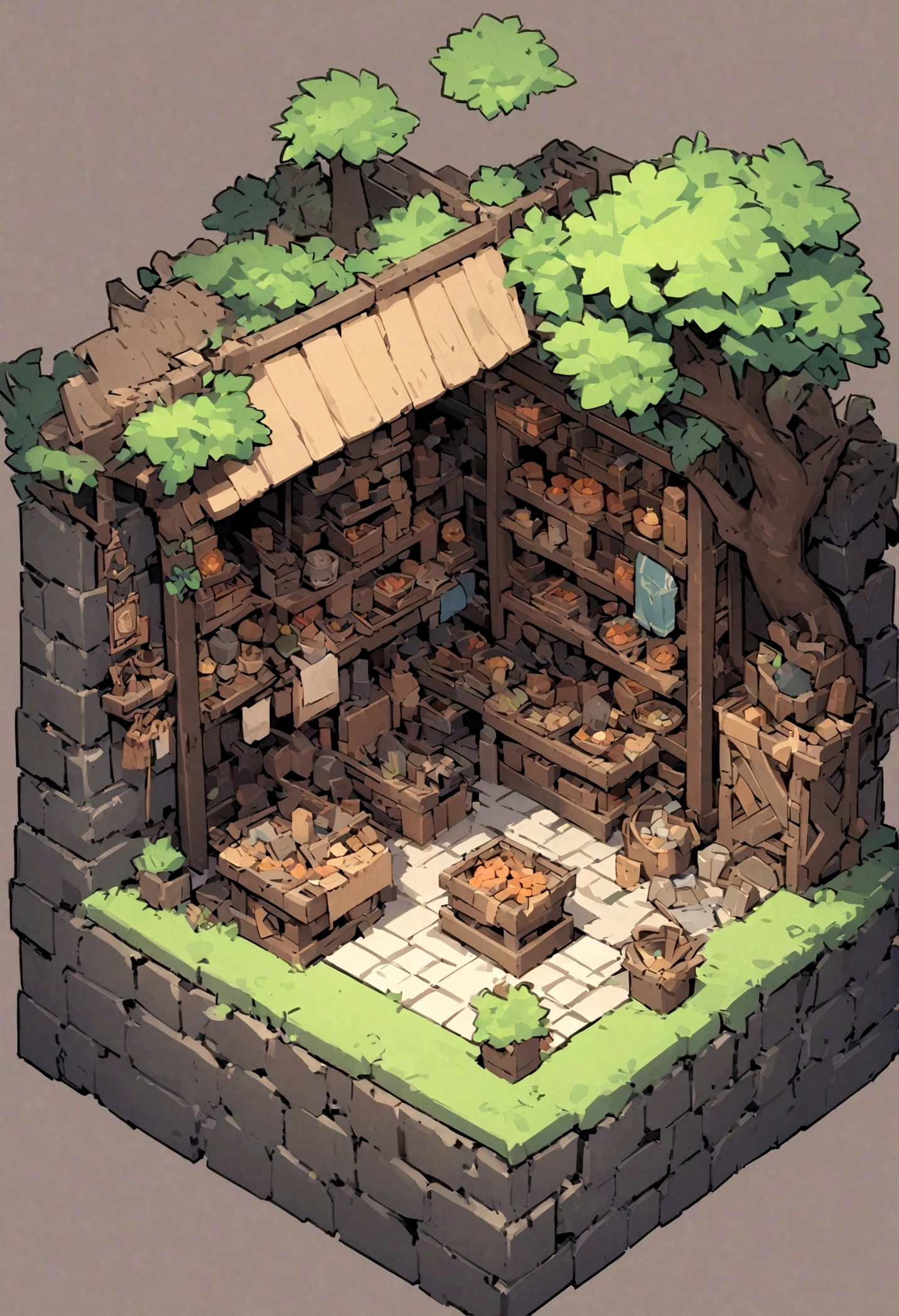 absurdres, best quality, fantasy, isometric, knolling style of (miniature dungeon:3.0,merchant), tree, stone wall, (simple background:1.3),