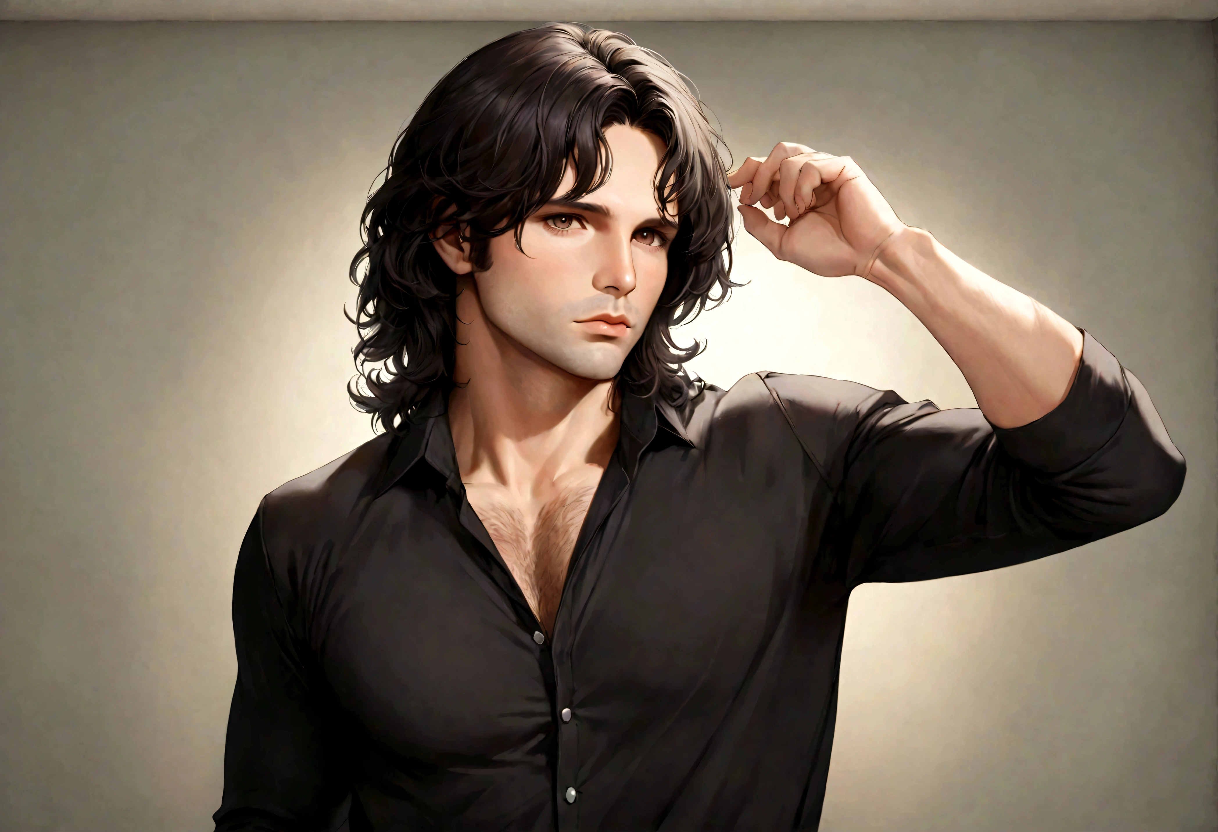 (traje de etiqueta para hombre), ), (con poca barba,) (ojos color cafe claro), Aspecto atractivo y serio, cabello oscuro, Elegante y con estilo, Camiseta de cuerpo fuerte afeitada, Un hombre similar al actor Jim Morrison, (Imagen realista y de alta calidad), Apartamento escandinavo en el fondo simple de un cuarto, ((La mejor calidad, 8K, obra maestra).((pose dinamica))