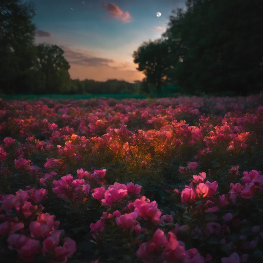 A vibrant and glowing field of neon flowers blooming at night, with bright pink, orange, and purple petals illuminated against a dark background. The leaves are in shades of teal and green, and the scene is enriched with magical lighting effects and lens flares to enhance the surreal atmosphere. The image should capture the ethereal beauty and vivid colors with sharp focus and dynamic contrast, creating a visually stunning and dreamlike landscape.