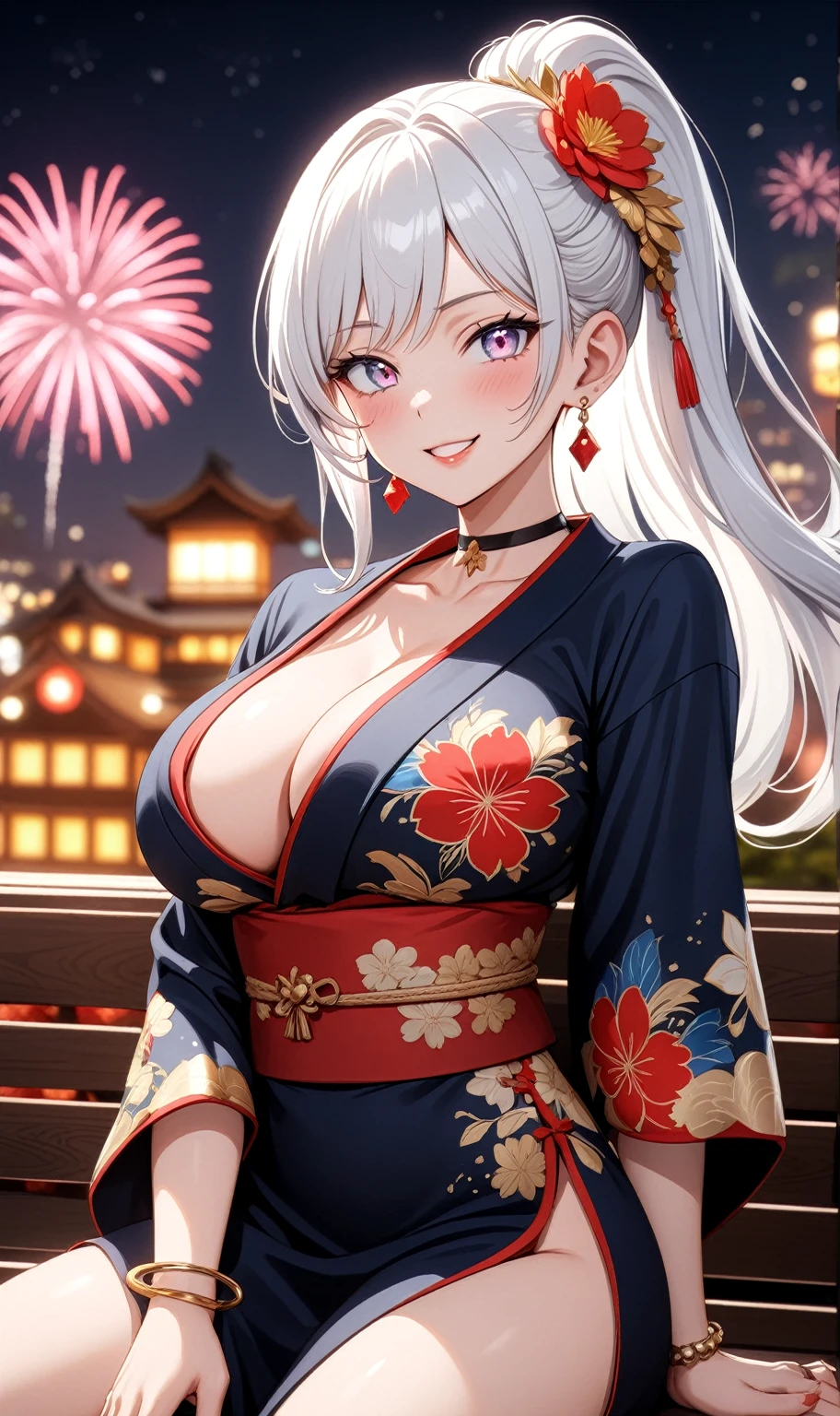 ((one personの女性)), Beautiful Face,(a woman in a sophisticated and alluring pose. She is sitting on a chair with her legs crossed),((Wink:2.0)),(Bright red cheeks:1.3),Laughing with your mouth open,Glossy pink lips,Lighting on the face,night,night景が見える,firework,((Anime style background)),masterpiece, highest quality, so beautiful, Latest, Complex details, (Pink long nails),(ring),(bracelet),(choker),AI-generated, Complex,High resolution, highest quality, super high quality,3D Images、View your viewers、3D Images,one person,Long white hair,High Ponytail,(blue eyes),Anime woman posing for a photo, ((Fine grain、Silvery white colorful eyes、Shining Eyes:1.3)),(Squint your eyes:1.1),a hyperRealistic , hyperRealistic , Realistic,Anime woman with long and white hair, Smooth anime CG art, A woman in a colorful kimono with gold embroidery, (Black kimono),Red floral pattern,Long flower hair ornament,Big earrings,Mature Body,(Big Breasts:1.1),Tall,Fine details,Narrow waist,(Face close-up:1.3), Sit on a bench