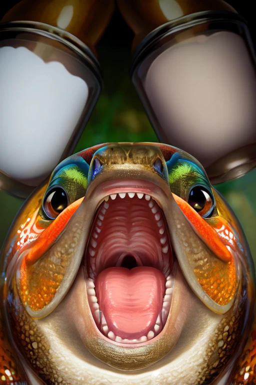 Trout fish with no teeth and wide open mouth, with milk inside mouth. facing the camera close up